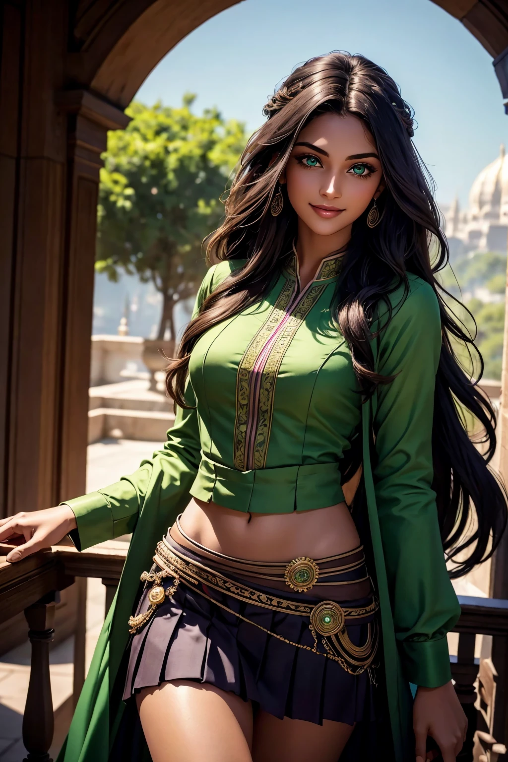 A stunning Indian beauty, with bright green eyes, with dark brown-black long wavy long hair, with mesmerizing feature with a Hopeful smiling expression, finely detailed eyes, happy mood masterpiece, top quality, best quality, official art, beautiful and aesthetic:1.2), (1girl), extreme detailed,(fractal art:1.3), colorful, highest detailed, (masterpiece, best quality:1.3) 1 bright-green-eyed woman, professional digital painting, Unreal Engine 5. Wearing a blue linen blouse. Wearing a black linen pleated ankle length skirt.