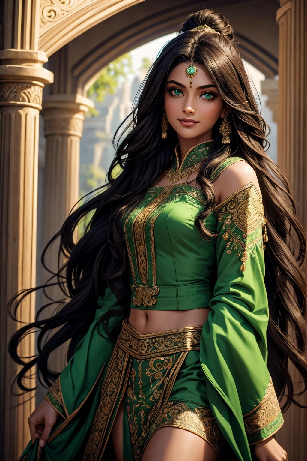 A stunning Indian beauty, with bright green eyes, with dark brown-black long wavy long hair, with mesmerizing feature with a Hopeful smiling expression, finely detailed eyes, happy mood masterpiece, top quality, best quality, official art, beautiful and aesthetic:1.2), (1girl), extreme detailed,(fractal art:1.3), colorful, highest detailed, (masterpiece, best quality:1.3) 1 bright-green-eyed woman, professional digital painting, Unreal Engine 5. Wearing a blue linen blouse. Wearing a black linen pleated ankle length skirt.