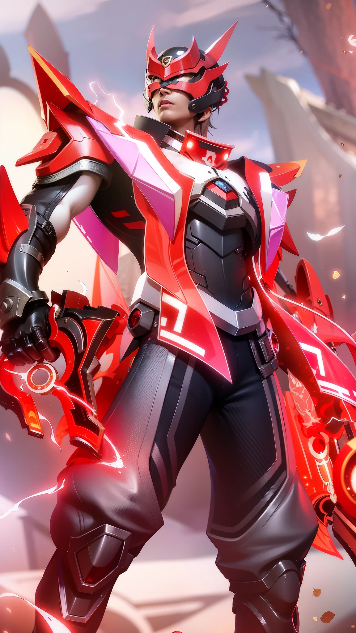 (extremely detailed CG unity 4k fhd wallpaper), High Detail, Sharp focus, dramatic outdoors, a close up of a person with a sword and a red and white outfit, heise jinyao, red aura, inspired by Huang Shen, red armor, crimson red aura, g liulian art style, keqing from genshin impact, official splash art, sharp silver armor fuchsia skin, ryuko matoi, onmyoji detailed art, 30 years old.