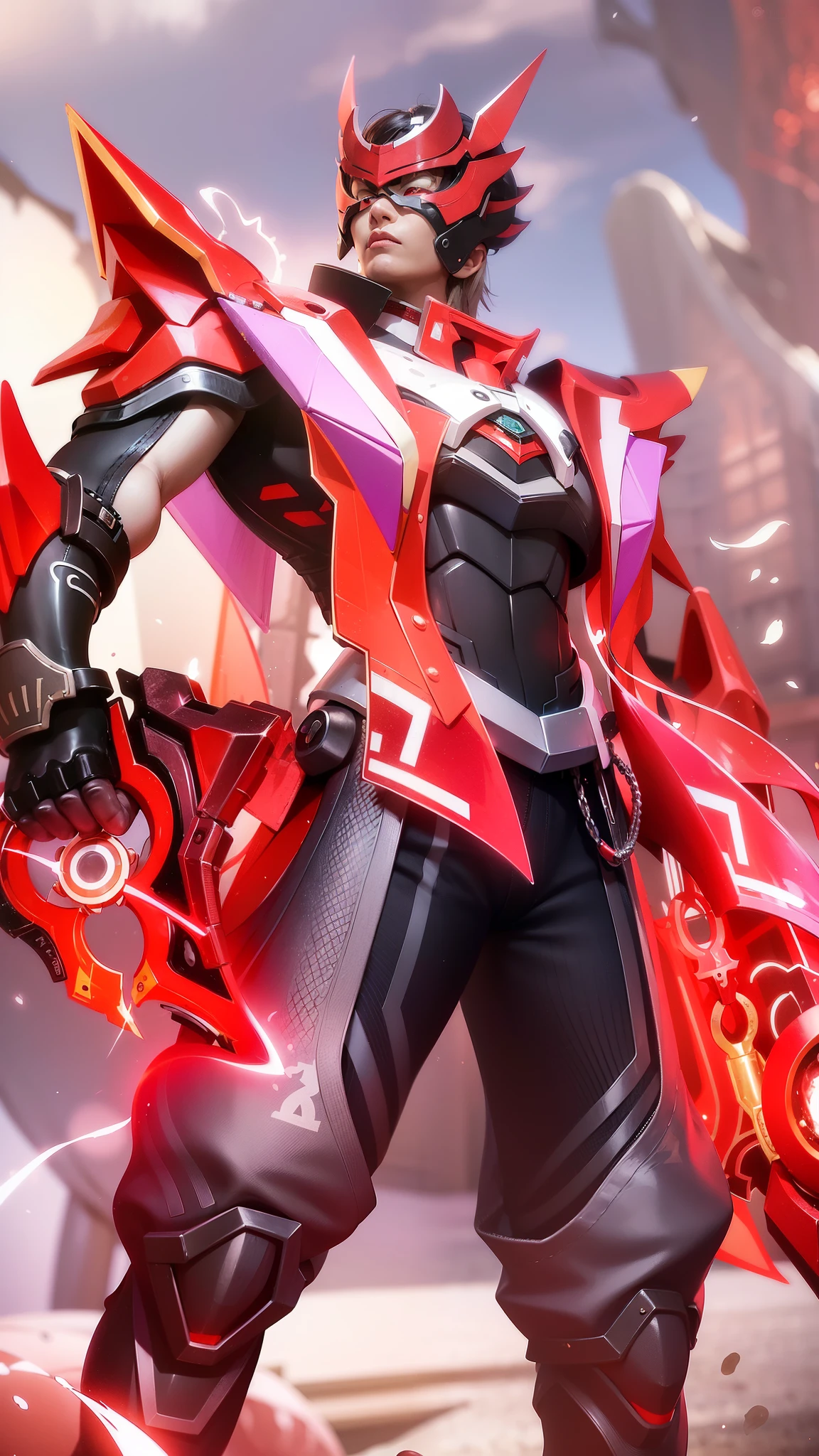 (extremely detailed CG unity 4k fhd wallpaper), High Detail, Sharp focus, dramatic outdoors, a close up of a person with a sword and a red and white outfit, heise jinyao, red aura, inspired by Huang Shen, red armor, crimson red aura, g liulian art style, keqing from genshin impact, official splash art, sharp silver armor fuchsia skin, ryuko matoi, onmyoji detailed art, 30 years old.