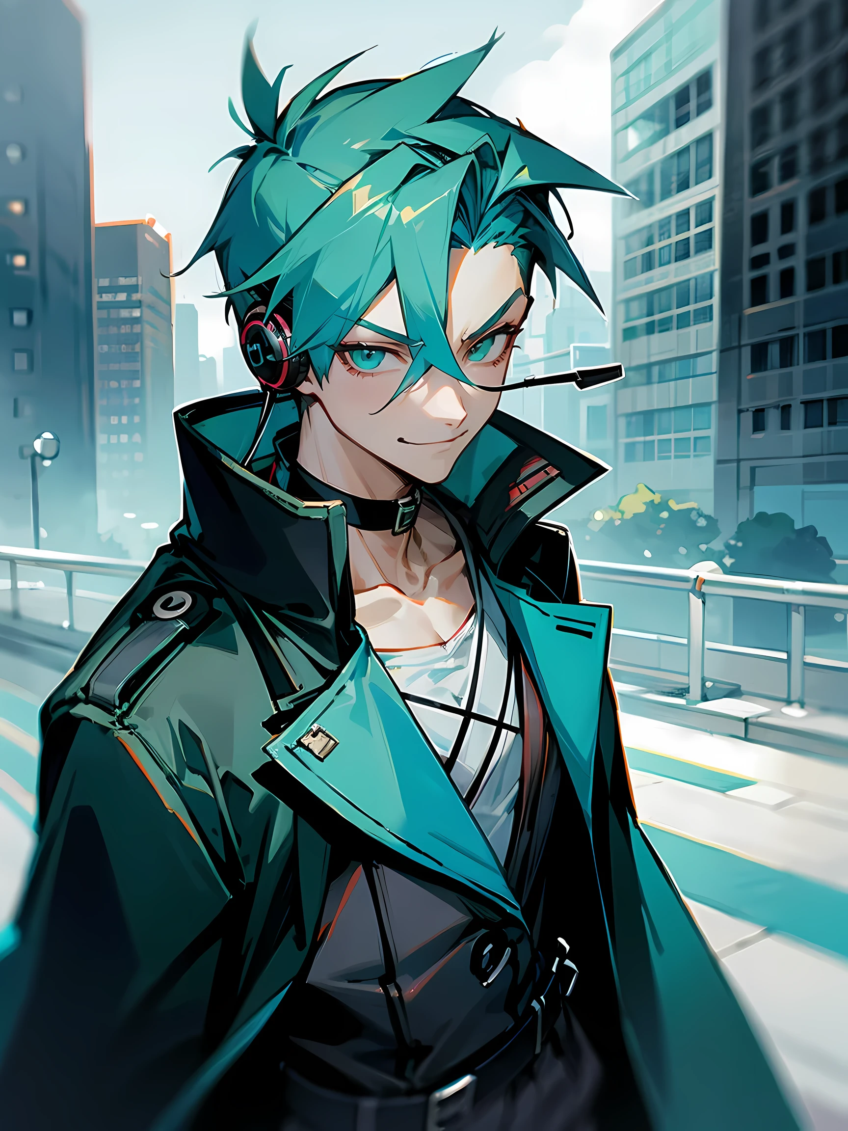 1male, scouter, headphones, turquoise hair, modern undercut, Black trenchcoat, choker, city, smirk,