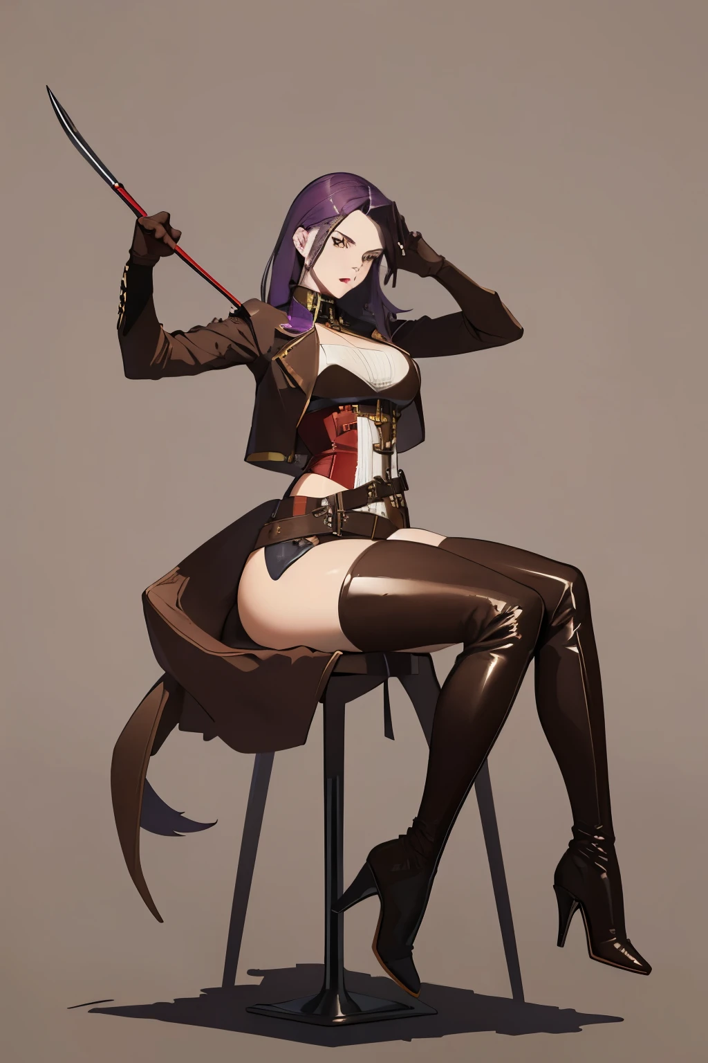 defsonya, purple hair, (((full body))), jodhpurs, riding pants, tight pants, (pants), beige pants riding coat, (((tailcoat))), red tailcoat, equestrian, equestrienne, ((riding crop)), (((brown leather thigh high boots))), (((brown leather thigh-high boots))), (((brown boots))), (((brown leather gloves))), ((opera gloves)), gloves, ((jockey)), heel being shown, using riding crop, ((stiletto heel)), pointy heel, ((sitting on saddle)), ((brown saddle)), ((riding saddle)), legs across saddle, sitting pretty, White background, no background, bell bottoms