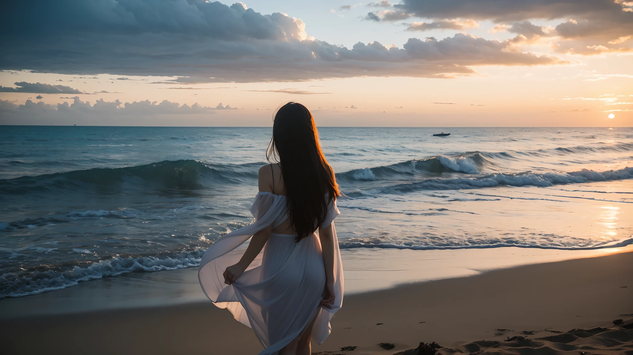 1 beautiful girl,Tall,beach裙,long flowing hair,sea breeze,standing by the sea,looking into the distance,sunset,sea,reef,waves,beach,shot from behind,8k,Atmosphere,Super wide angle shooting