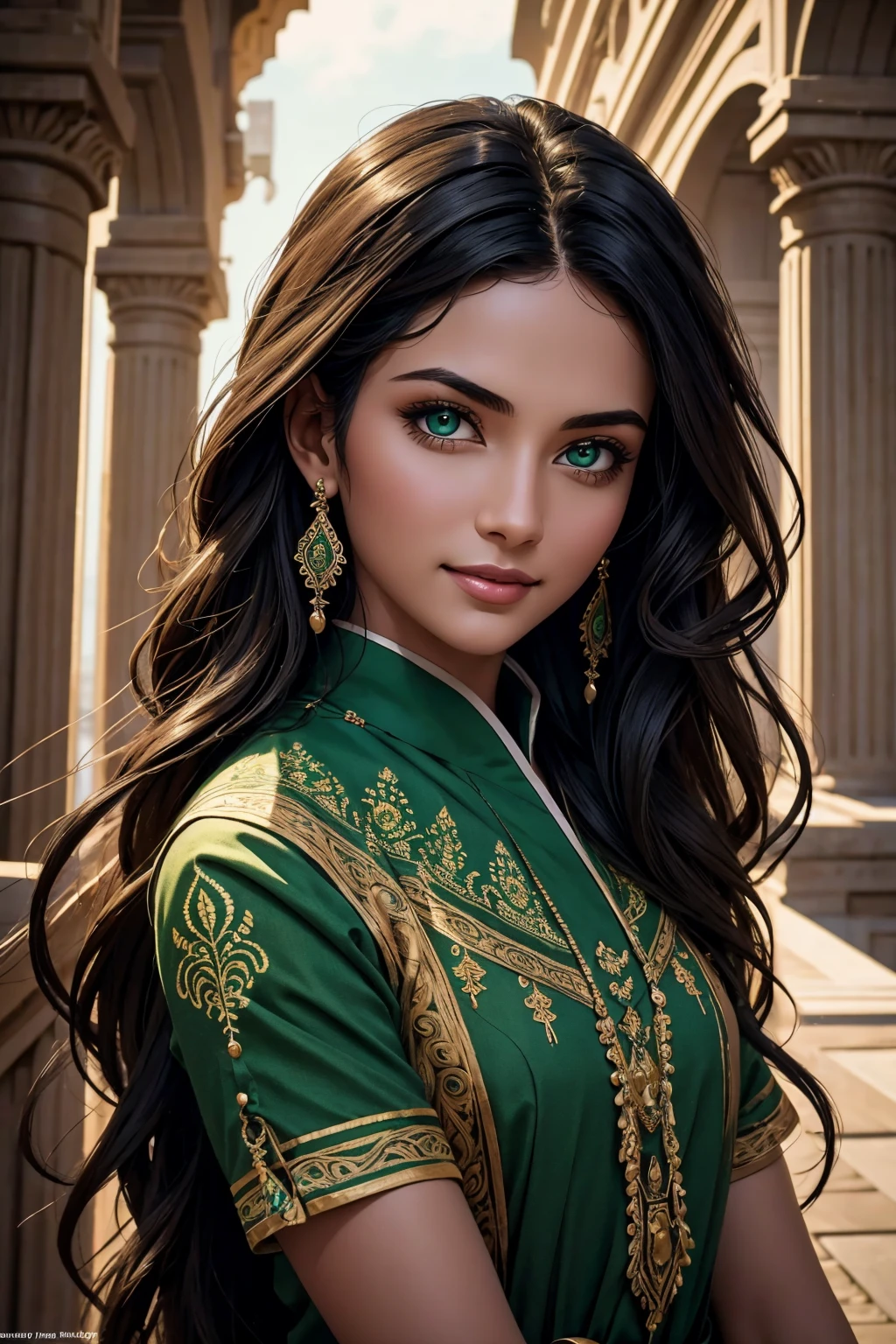 A stunning Indian beauty, with bright green eyes, with dark brown-black long wavy long hair, with mesmerizing feature with a Hopeful smiling expression, finely detailed eyes, happy mood masterpiece, top quality, best quality, official art, beautiful and aesthetic:1.2), (1girl), extreme detailed,(fractal art:1.3), colorful, highest detailed, (masterpiece, best quality:1.3) 1 bright-green-eyed woman, professional digital painting, Unreal Engine 5. In a 1920 setting, holding lavender flowers at a Lavender flower farm, wearing 1930 style clothing, South-Indian woman, olive-skinned woman, masterpiece, top quality, best quality, official art, beautiful and aesthetic:1.2), (1girl), extreme detailed,(fractal art:1.3), colorful, highest detailed, (masterpiece, best quality:1.3) 1 green-eyed woman, professional digital painting, Unreal Engine 5. Wearing embroidered Indian silk linen blouse, Wearing long pleated skirt, Wearing Moleskin Field Jacket. Long hair, hopeful expression, finely detailed eyes, smiling, epic scene, epic composition, Cinematic Lighting, Volumetric Lighting, ethereal light, intricate details, extremely detailed volumetric rays. Green Eyes. [Beautiful girl, linen shirt and pants, oil painting, Detailed facial features, Sunlight, bright colors, dramatic lighting, expressive eyes and lips, High Resolution, 4K quality, Photorealistic] 1920 clothing, 1930 clothing,
