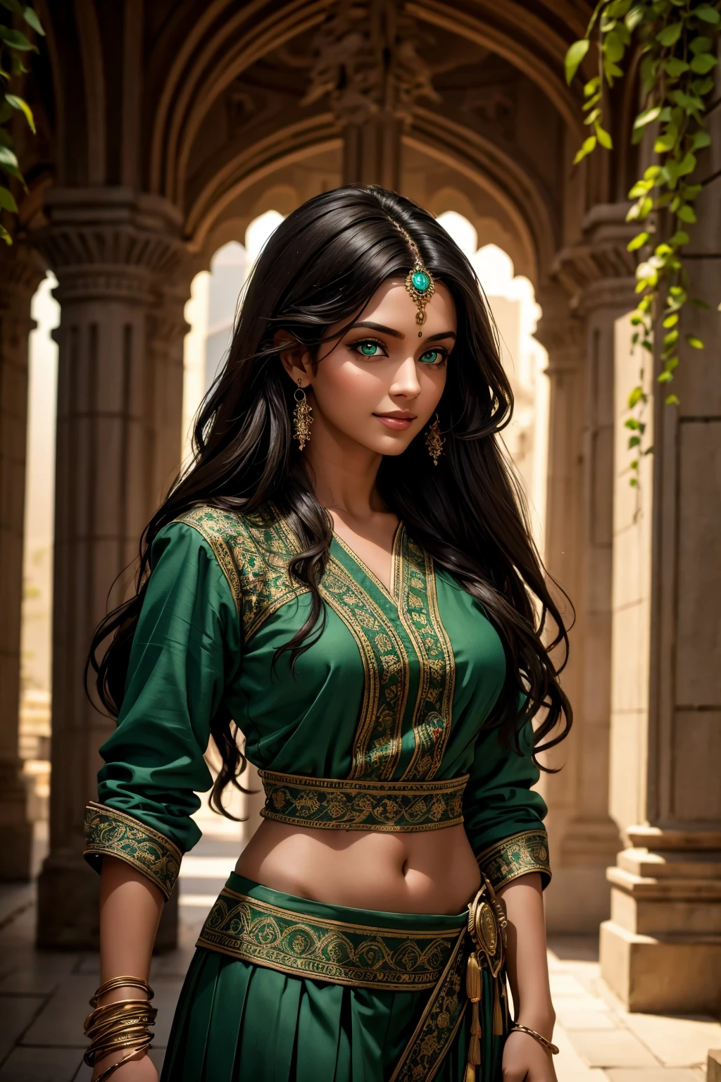 A stunning Indian beauty, with bright green eyes, with dark brown-black long wavy long hair, with mesmerizing feature with a Hopeful smiling expression, finely detailed eyes, happy mood masterpiece, top quality, best quality, official art, beautiful and aesthetic:1.2), (1girl), extreme detailed,(fractal art:1.3), colorful, highest detailed, (masterpiece, best quality:1.3) 1 bright-green-eyed woman, professional digital painting, Unreal Engine 5. In a 1920 setting, holding lavender flowers at a Lavender flower farm, wearing 1930 style clothing, South-Indian woman, olive-skinned woman, masterpiece, top quality, best quality, official art, beautiful and aesthetic:1.2), (1girl), extreme detailed,(fractal art:1.3), colorful, highest detailed, (masterpiece, best quality:1.3) 1 green-eyed woman, professional digital painting, Unreal Engine 5. Wearing embroidered Indian silk linen blouse, Wearing long pleated skirt, Wearing Moleskin Field Jacket. Long hair, hopeful expression, finely detailed eyes, smiling, epic scene, epic composition, Cinematic Lighting, Volumetric Lighting, ethereal light, intricate details, extremely detailed volumetric rays. Green Eyes. [Beautiful girl, linen shirt and pants, oil painting, Detailed facial features, Sunlight, bright colors, dramatic lighting, expressive eyes and lips, High Resolution, 4K quality, Photorealistic] 1920 clothing, 1930 clothing,
