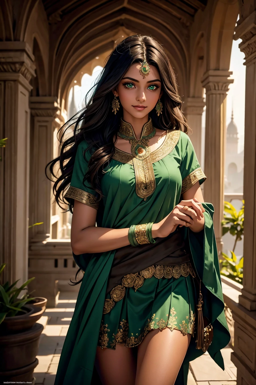A stunning Indian beauty, with bright green eyes, with dark brown-black long wavy long hair, with mesmerizing feature with a Hopeful smiling expression, finely detailed eyes, happy mood masterpiece, top quality, best quality, official art, beautiful and aesthetic:1.2), (1girl), extreme detailed,(fractal art:1.3), colorful, highest detailed, (masterpiece, best quality:1.3) 1 bright-green-eyed woman, professional digital painting, Unreal Engine 5. Wearing a blue linen blouse. Wearing a black linen pleated ankle length skirt.