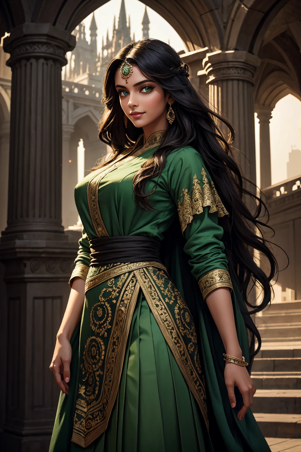 A stunning Indian beauty, with bright green eyes, with dark brown-black long wavy long hair, with mesmerizing feature with a Hopeful smiling expression, finely detailed eyes, happy mood masterpiece, top quality, best quality, official art, beautiful and aesthetic:1.2), (1girl), extreme detailed,(fractal art:1.3), colorful, highest detailed, (masterpiece, best quality:1.3) 1 bright-green-eyed woman, professional digital painting, Unreal Engine 5. Wearing a blue linen blouse. Wearing a black linen pleated ankle length skirt.