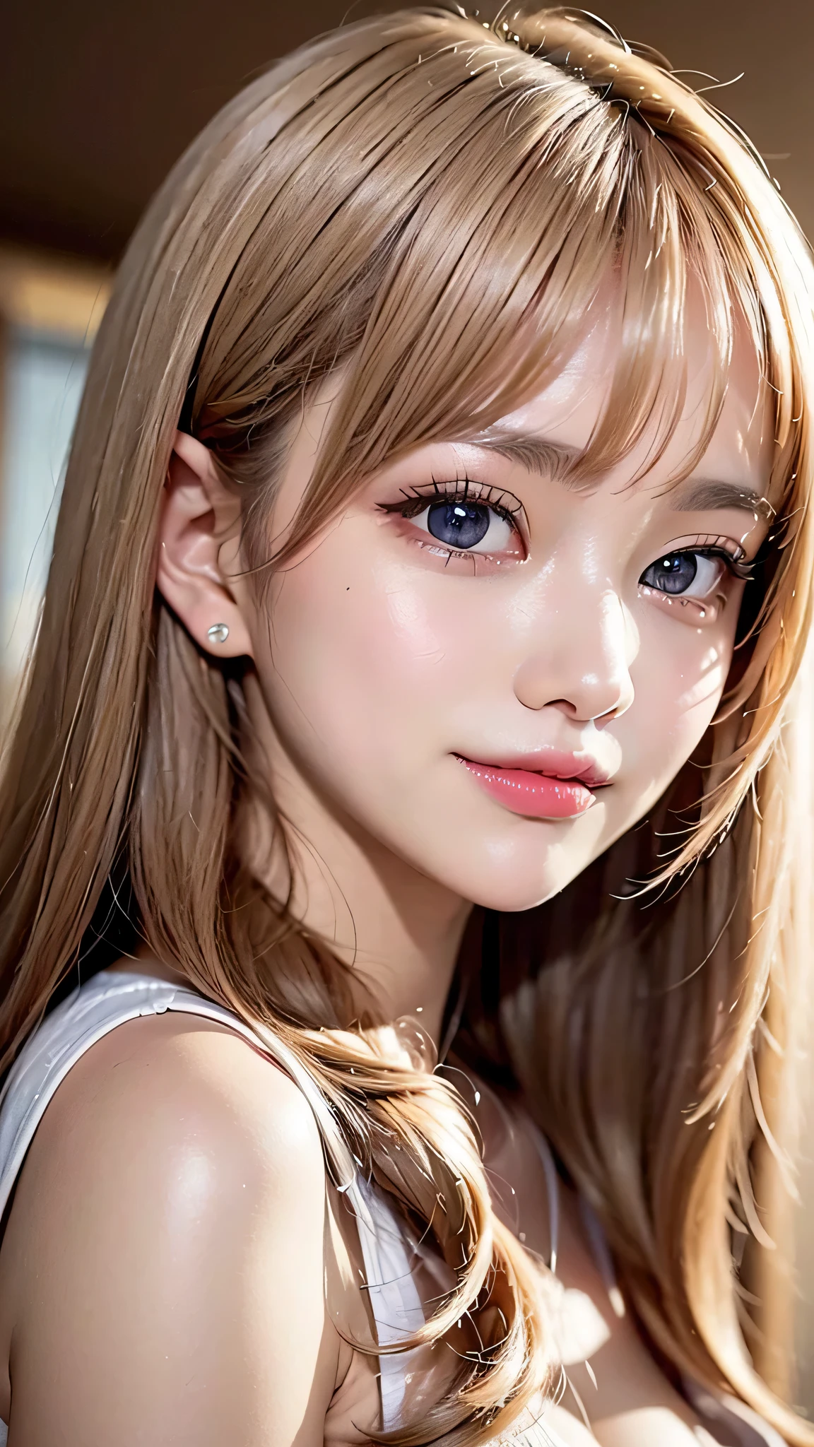 Beautiful white and shining skin、Blonde hair color that changes depending on the light、Long bangs between the eyes that obstruct the view、Shiny highlights on cheeks、Sexy and very beautiful nice and cute gorgeous face、the most beautiful face in the world、Super long gorgeous spare blonde hair、Smooth straight hair、big breasts、big, bright light blue eyes、beautiful bangs、Beautiful and cute girl、small face beauty、Cheek gloss highlights