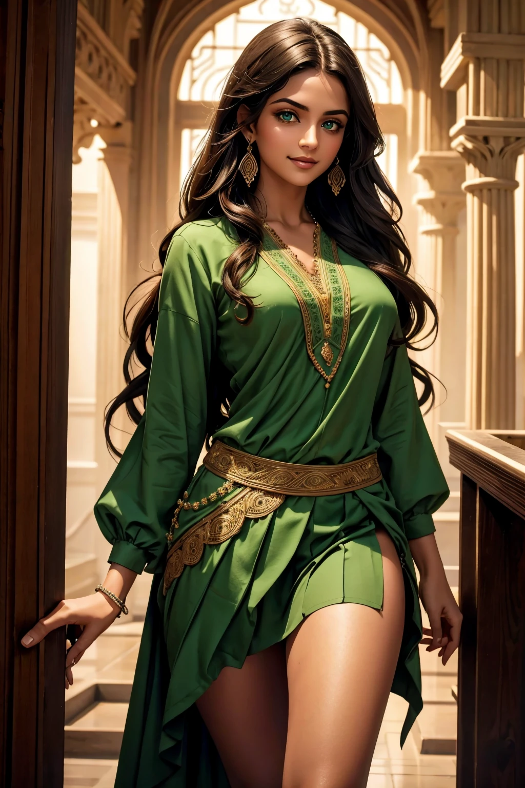 A stunning Indian beauty, with bright green eyes, with dark brown-black long wavy long hair, with mesmerizing feature with a Hopeful smiling expression, finely detailed eyes, happy mood masterpiece, top quality, best quality, official art, beautiful and aesthetic:1.2), (1girl), extreme detailed,(fractal art:1.3), colorful, highest detailed, (masterpiece, best quality:1.3) 1 bright-green-eyed woman, professional digital painting, Unreal Engine 5. In a 1920 setting, holding lavender flowers at a Lavender flower farm, wearing 1930 style clothing, South-Indian woman, olive-skinned woman, masterpiece, top quality, best quality, official art, beautiful and aesthetic:1.2), (1girl), extreme detailed,(fractal art:1.3), colorful, highest detailed, (masterpiece, best quality:1.3) 1 green-eyed woman, professional digital painting, Unreal Engine 5. Wearing embroidered Indian silk linen blouse, Wearing long pleated skirt, Wearing Moleskin Field Jacket. Long hair, hopeful expression, finely detailed eyes, smiling, epic scene, epic composition, Cinematic Lighting, Volumetric Lighting, ethereal light, intricate details, extremely detailed volumetric rays. Green Eyes. [Beautiful girl, linen shirt and pants, oil painting, Detailed facial features, Sunlight, bright colors, dramatic lighting, expressive eyes and lips, High Resolution, 4K quality, Photorealistic] 1920 clothing, 1930 clothing,
