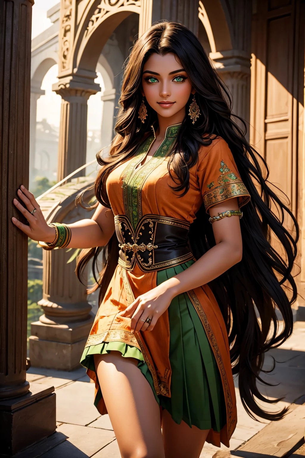 A stunning Indian beauty, with bright green eyes, with dark brown-black long wavy long hair, with mesmerizing feature with a Hopeful smiling expression, finely detailed eyes, happy mood masterpiece, top quality, best quality, official art, beautiful and aesthetic:1.2), (1girl), extreme detailed,(fractal art:1.3), colorful, highest detailed, (masterpiece, best quality:1.3) 1 bright-green-eyed woman, professional digital painting, Unreal Engine 5. In a 1920 setting, holding lavender flowers at a Lavender flower farm, wearing 1930 style clothing, South-Indian woman, olive-skinned woman, masterpiece, top quality, best quality, official art, beautiful and aesthetic:1.2), (1girl), extreme detailed,(fractal art:1.3), colorful, highest detailed, (masterpiece, best quality:1.3) 1 green-eyed woman, professional digital painting, Unreal Engine 5. Wearing embroidered Indian silk linen blouse, Wearing long pleated skirt, Wearing Moleskin Field Jacket. Long hair, hopeful expression, finely detailed eyes, smiling, epic scene, epic composition, Cinematic Lighting, Volumetric Lighting, ethereal light, intricate details, extremely detailed volumetric rays. Green Eyes. [Beautiful girl, linen shirt and pants, oil painting, Detailed facial features, Sunlight, bright colors, dramatic lighting, expressive eyes and lips, High Resolution, 4K quality, Photorealistic] 1920 clothing, 1930 clothing,
