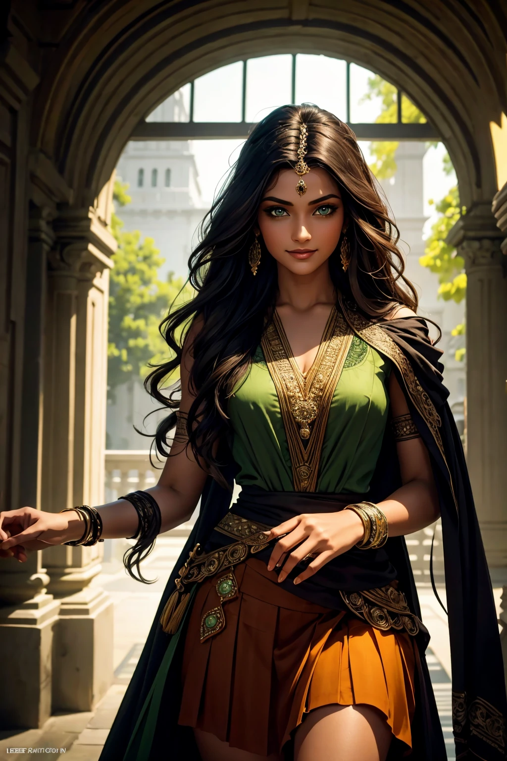 A stunning Indian beauty, with bright green eyes, with dark brown-black long wavy long hair, with mesmerizing feature with a Hopeful smiling expression, finely detailed eyes, happy mood masterpiece, top quality, best quality, official art, beautiful and aesthetic:1.2), (1girl), extreme detailed,(fractal art:1.3), colorful, highest detailed, (masterpiece, best quality:1.3) 1 bright-green-eyed woman, professional digital painting, Unreal Engine 5. In a 1920 setting, holding lavender flowers at a Lavender flower farm, wearing 1930 style clothing, South-Indian woman, olive-skinned woman, masterpiece, top quality, best quality, official art, beautiful and aesthetic:1.2), (1girl), extreme detailed,(fractal art:1.3), colorful, highest detailed, (masterpiece, best quality:1.3) 1 green-eyed woman, professional digital painting, Unreal Engine 5. Wearing embroidered Indian silk linen blouse, Wearing long pleated skirt, Wearing Moleskin Field Jacket. Long hair, hopeful expression, finely detailed eyes, smiling, epic scene, epic composition, Cinematic Lighting, Volumetric Lighting, ethereal light, intricate details, extremely detailed volumetric rays. Green Eyes. [Beautiful girl, linen shirt and pants, oil painting, Detailed facial features, Sunlight, bright colors, dramatic lighting, expressive eyes and lips, High Resolution, 4K quality, Photorealistic] 1920 clothing, 1930 clothing,
