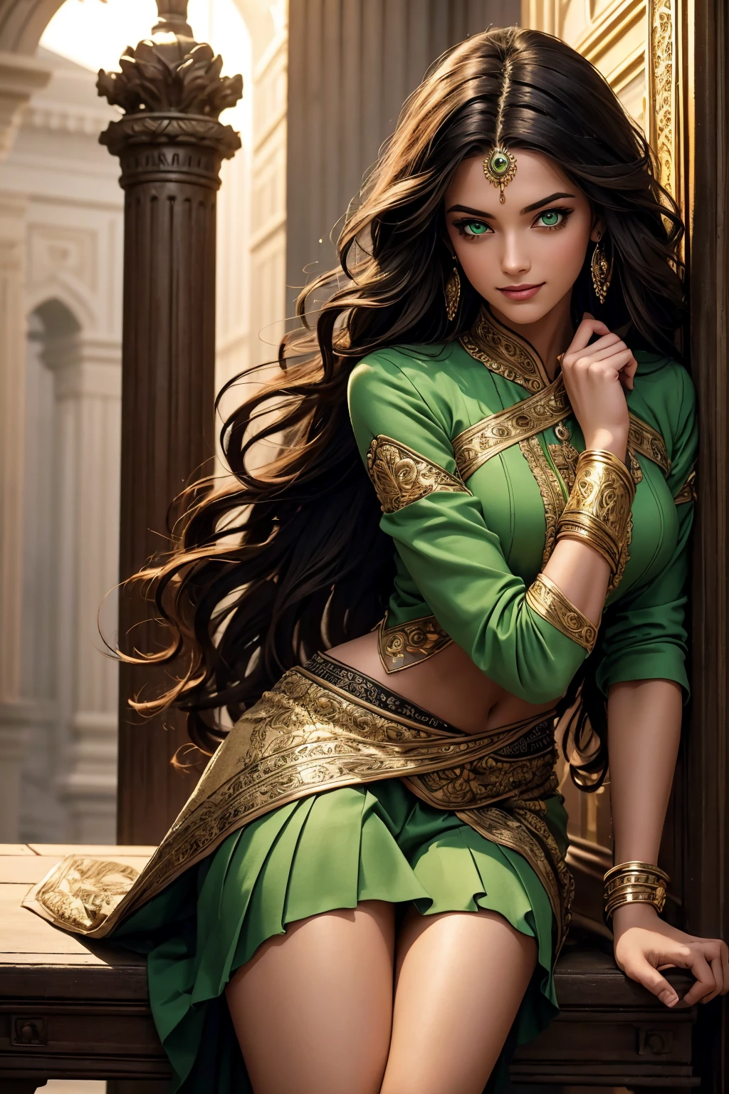 A stunning Indian beauty, with bright green eyes, with dark brown-black long wavy long hair, with mesmerizing feature with a Hopeful smiling expression, finely detailed eyes, happy mood masterpiece, top quality, best quality, official art, beautiful and aesthetic:1.2), (1girl), extreme detailed,(fractal art:1.3), colorful, highest detailed, (masterpiece, best quality:1.3) 1 bright-green-eyed woman, professional digital painting, Unreal Engine 5. In a 1920 setting, holding lavender flowers at a Lavender flower farm, wearing 1930 style clothing, South-Indian woman, olive-skinned woman, masterpiece, top quality, best quality, official art, beautiful and aesthetic:1.2), (1girl), extreme detailed,(fractal art:1.3), colorful, highest detailed, (masterpiece, best quality:1.3) 1 green-eyed woman, professional digital painting, Unreal Engine 5. Wearing embroidered Indian silk linen blouse, Wearing long pleated skirt, Wearing Moleskin Field Jacket. Long hair, hopeful expression, finely detailed eyes, smiling, epic scene, epic composition, Cinematic Lighting, Volumetric Lighting, ethereal light, intricate details, extremely detailed volumetric rays. Green Eyes. [Beautiful girl, linen shirt and pants, oil painting, Detailed facial features, Sunlight, bright colors, dramatic lighting, expressive eyes and lips, High Resolution, 4K quality, Photorealistic] 1920 clothing, 1930 clothing,
