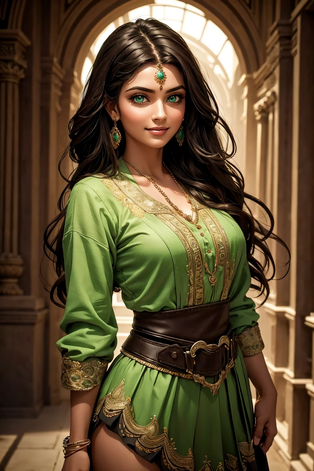 A stunning Indian beauty, with bright green eyes, with dark brown-black long wavy long hair, with mesmerizing feature with a Hopeful smiling expression, finely detailed eyes, happy mood masterpiece, top quality, best quality, official art, beautiful and aesthetic:1.2), (1girl), extreme detailed,(fractal art:1.3), colorful, highest detailed, (masterpiece, best quality:1.3) 1 bright-green-eyed woman, professional digital painting, Unreal Engine 5. In a 1920 setting, holding lavender flowers at a Lavender flower farm, wearing 1930 style clothing, South-Indian woman, olive-skinned woman, masterpiece, top quality, best quality, official art, beautiful and aesthetic:1.2), (1girl), extreme detailed,(fractal art:1.3), colorful, highest detailed, (masterpiece, best quality:1.3) 1 green-eyed woman, professional digital painting, Unreal Engine 5. Wearing embroidered Indian silk linen blouse, Wearing long pleated skirt, Wearing Moleskin Field Jacket. Long hair, hopeful expression, finely detailed eyes, smiling, epic scene, epic composition, Cinematic Lighting, Volumetric Lighting, ethereal light, intricate details, extremely detailed volumetric rays. Green Eyes. [Beautiful girl, linen shirt and pants, oil painting, Detailed facial features, Sunlight, bright colors, dramatic lighting, expressive eyes and lips, High Resolution, 4K quality, Photorealistic] 1920 clothing, 1930 clothing,
