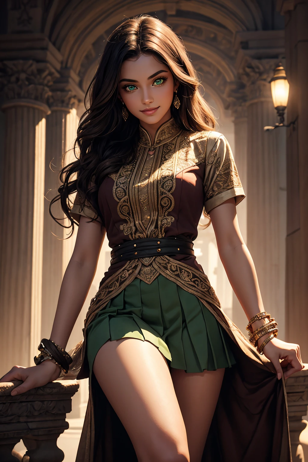 A stunning Indian beauty, with bright green eyes, with dark brown-black long wavy long hair, with mesmerizing feature with a Hopeful smiling expression, finely detailed eyes, happy mood masterpiece, top quality, best quality, official art, beautiful and aesthetic:1.2), (1girl), extreme detailed,(fractal art:1.3), colorful, highest detailed, (masterpiece, best quality:1.3) 1 bright-green-eyed woman, professional digital painting, Unreal Engine 5. In a 1920 setting, holding lavender flowers at a Lavender flower farm, wearing 1930 style clothing, South-Indian woman, olive-skinned woman, masterpiece, top quality, best quality, official art, beautiful and aesthetic:1.2), (1girl), extreme detailed,(fractal art:1.3), colorful, highest detailed, (masterpiece, best quality:1.3) 1 green-eyed woman, professional digital painting, Unreal Engine 5. Wearing embroidered Indian silk linen blouse, Wearing long pleated skirt, Wearing Moleskin Field Jacket. Long hair, hopeful expression, finely detailed eyes, smiling, epic scene, epic composition, Cinematic Lighting, Volumetric Lighting, ethereal light, intricate details, extremely detailed volumetric rays. Green Eyes. [Beautiful girl, linen shirt and pants, oil painting, Detailed facial features, Sunlight, bright colors, dramatic lighting, expressive eyes and lips, High Resolution, 4K quality, Photorealistic] 1920 clothing, 1930 clothing,
