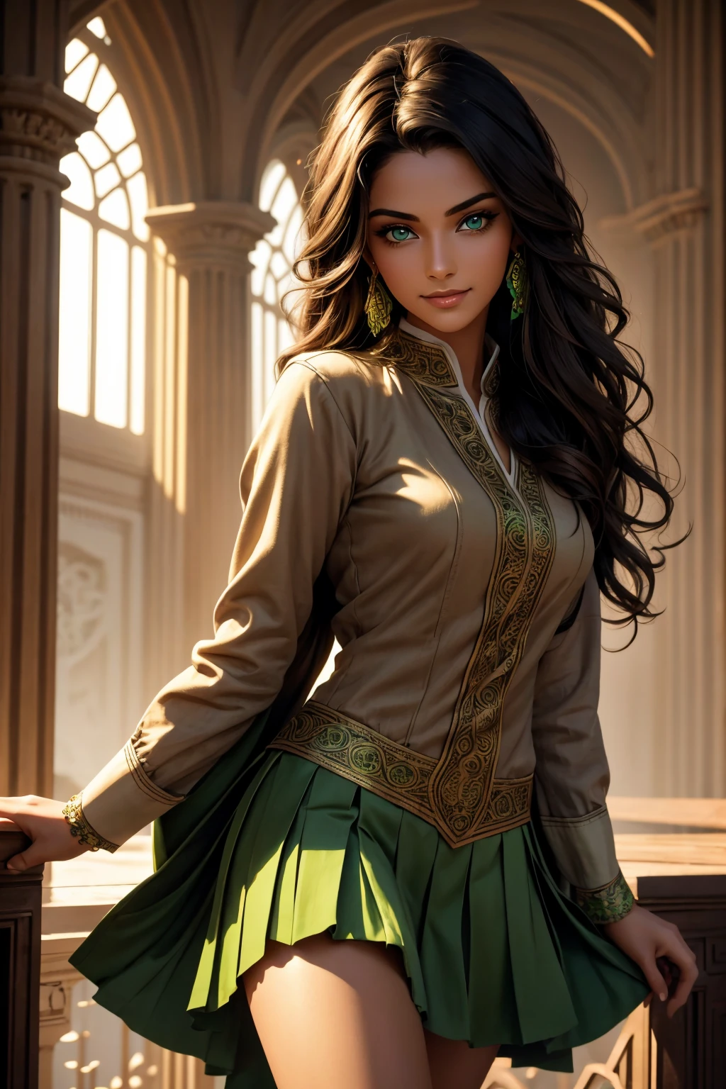 A stunning Indian beauty, with bright green eyes, with dark brown-black long wavy long hair, with mesmerizing feature with a Hopeful smiling expression, finely detailed eyes, happy mood masterpiece, top quality, best quality, official art, beautiful and aesthetic:1.2), (1girl), extreme detailed,(fractal art:1.3), colorful, highest detailed, (masterpiece, best quality:1.3) 1 bright-green-eyed woman, professional digital painting, Unreal Engine 5. In a 1920 setting, holding lavender flowers at a Lavender flower farm, wearing 1930 style clothing, South-Indian woman, olive-skinned woman, masterpiece, top quality, best quality, official art, beautiful and aesthetic:1.2), (1girl), extreme detailed,(fractal art:1.3), colorful, highest detailed, (masterpiece, best quality:1.3) 1 green-eyed woman, professional digital painting, Unreal Engine 5. Wearing embroidered Indian silk linen blouse, Wearing long pleated skirt, Wearing Moleskin Field Jacket. Long hair, hopeful expression, finely detailed eyes, smiling, epic scene, epic composition, Cinematic Lighting, Volumetric Lighting, ethereal light, intricate details, extremely detailed volumetric rays. Green Eyes. [Beautiful girl, linen shirt and pants, oil painting, Detailed facial features, Sunlight, bright colors, dramatic lighting, expressive eyes and lips, High Resolution, 4K quality, Photorealistic] 1920 clothing, 1930 clothing,
