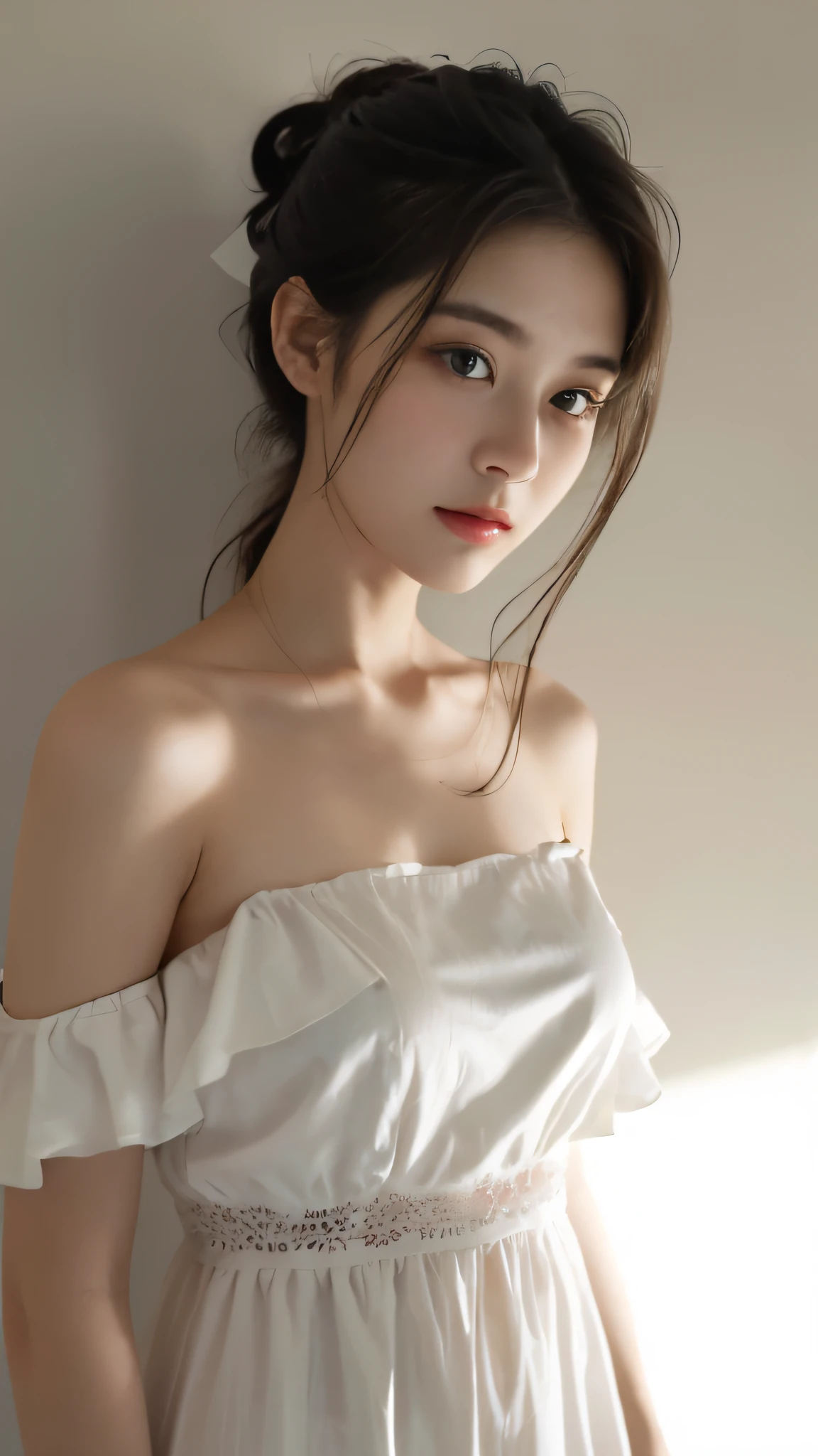 best quality，masterpiece，ultra high resolution，（realism：1.4），original photo，1 girl，take off shoulders，in the dark night，deep shadow，low pitch，cold light，long white hair，face highlight，pure，Full of girlishness，18 years old，cheongsam，ginkgo，External