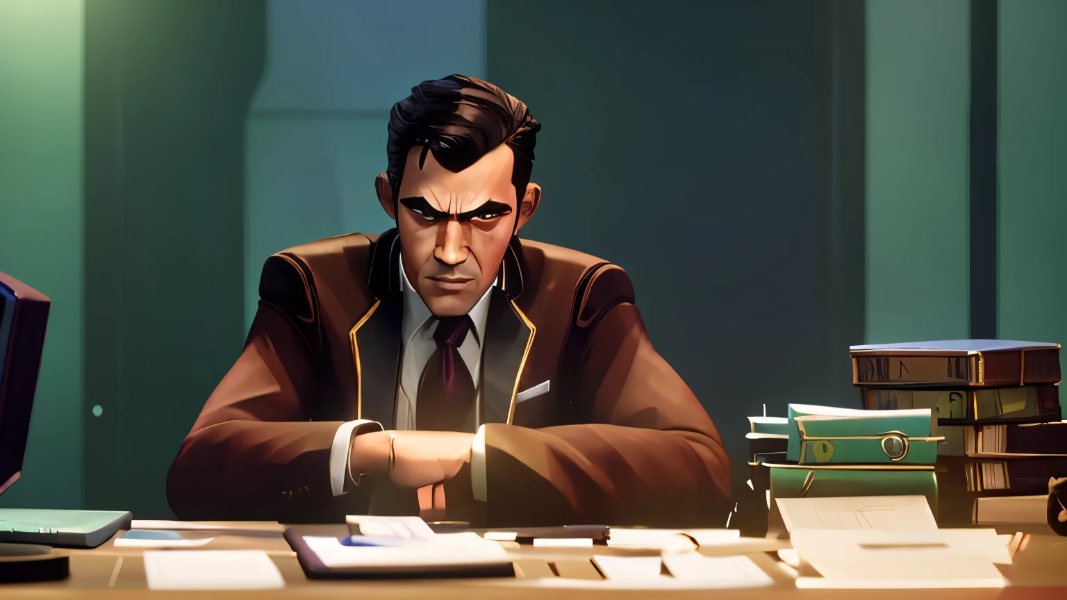 In the style of Arcane League of legends, a wide shot of a modern office where a 37yo male office worker wearing a suit and tie and short hair, is suffering heartburn with a face of pain, is sitting at his desk trying to do some work. Complex composition. Dynamic poses.