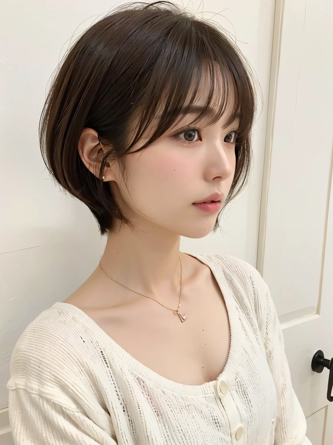 white wall、Taken in front of the white door、(窓のあるwhite wallの部屋)、shot in natural light、Highly detailed face and skin texture、highly detailed lips、correct state of the human body、超A high resolution、(Photoreal:1.4)、top quality, 1 beautiful woman, 28 years old, s, 35mm lens、yellow long sleeve dress、(dark brown medium short hair)、black haired、Japanese woman with short cut、(dark brown hair)、Various poses、don't look at the camera、profile、natural color lip、spring clothes、 necklace