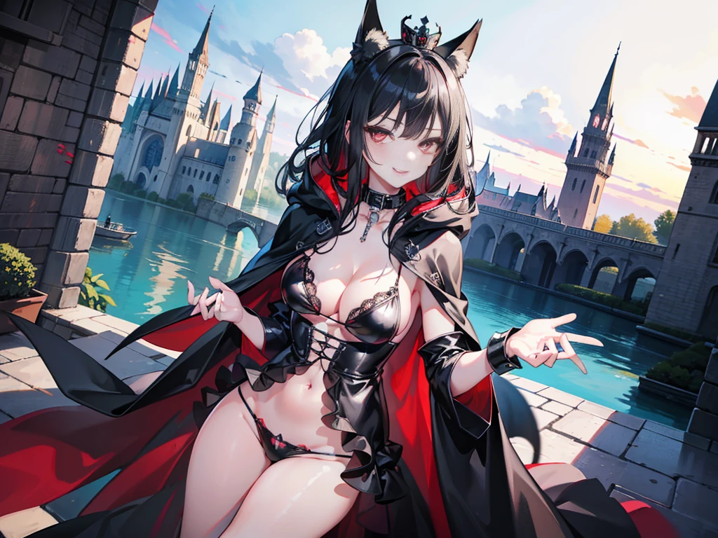high quality, masterpiece, super detailed, 1 girl, Extremely detailed faces,Black latex lace bikini,black cloak,princess crown,Calm expression,bright red lips,Smile,handcuffs,collar,long black hair, Charming pink eyes, fox ears, castle,garden,waterside,