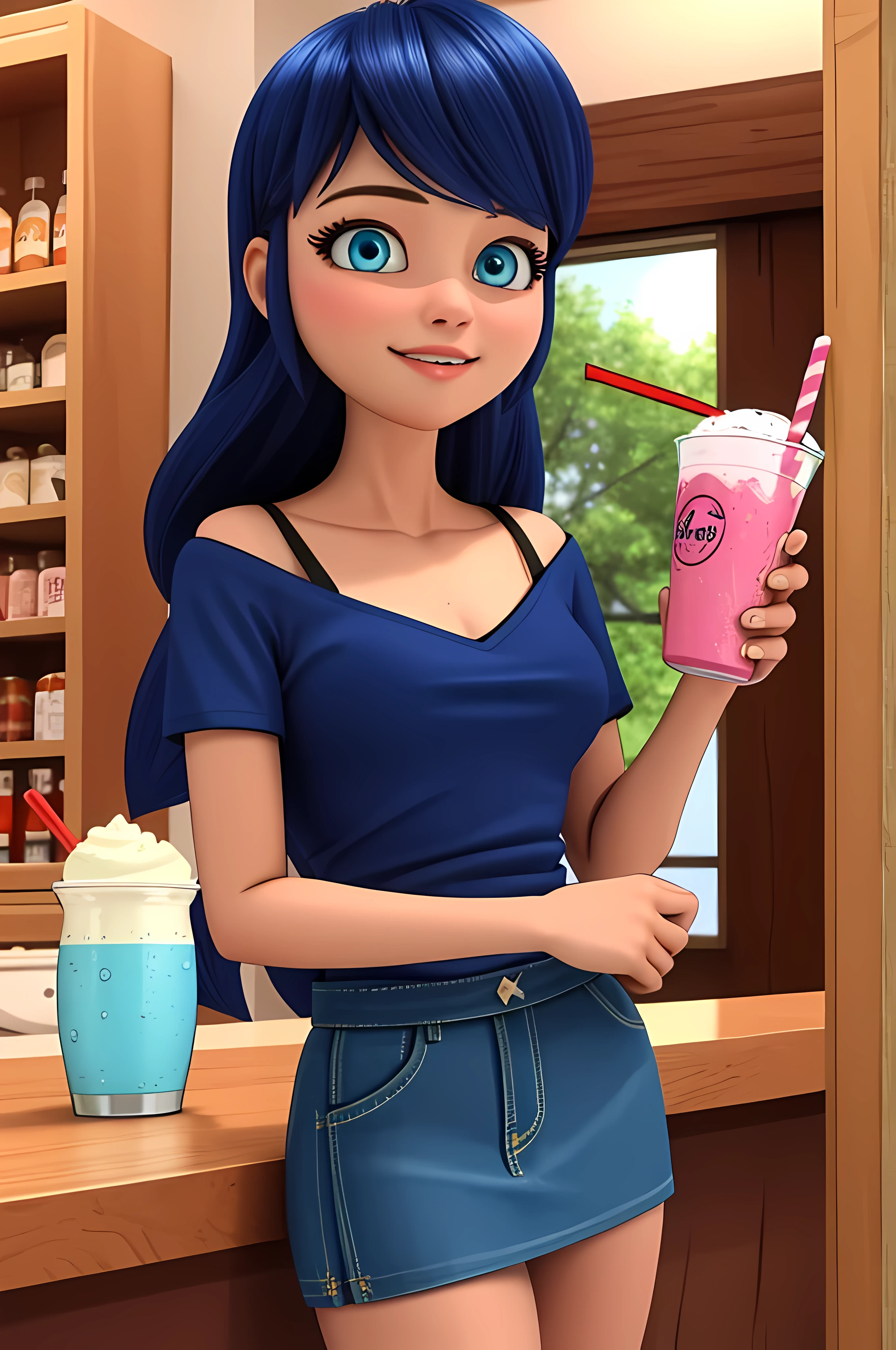 (8k, RAW photo, best quality, masterpiece:1.2), (intricate details), perfect eyes, perfect face, perfect lighting, beautiful, (masterpiece:1.2), (best quality:1.2), 1girl, solo, marinette, blue hair, ((long loosen hair)), adult torso, ************, slight smile, medium sized breasts, (skirt, red t-shirt), holding a milkshake, cowboy shot, 3DMM