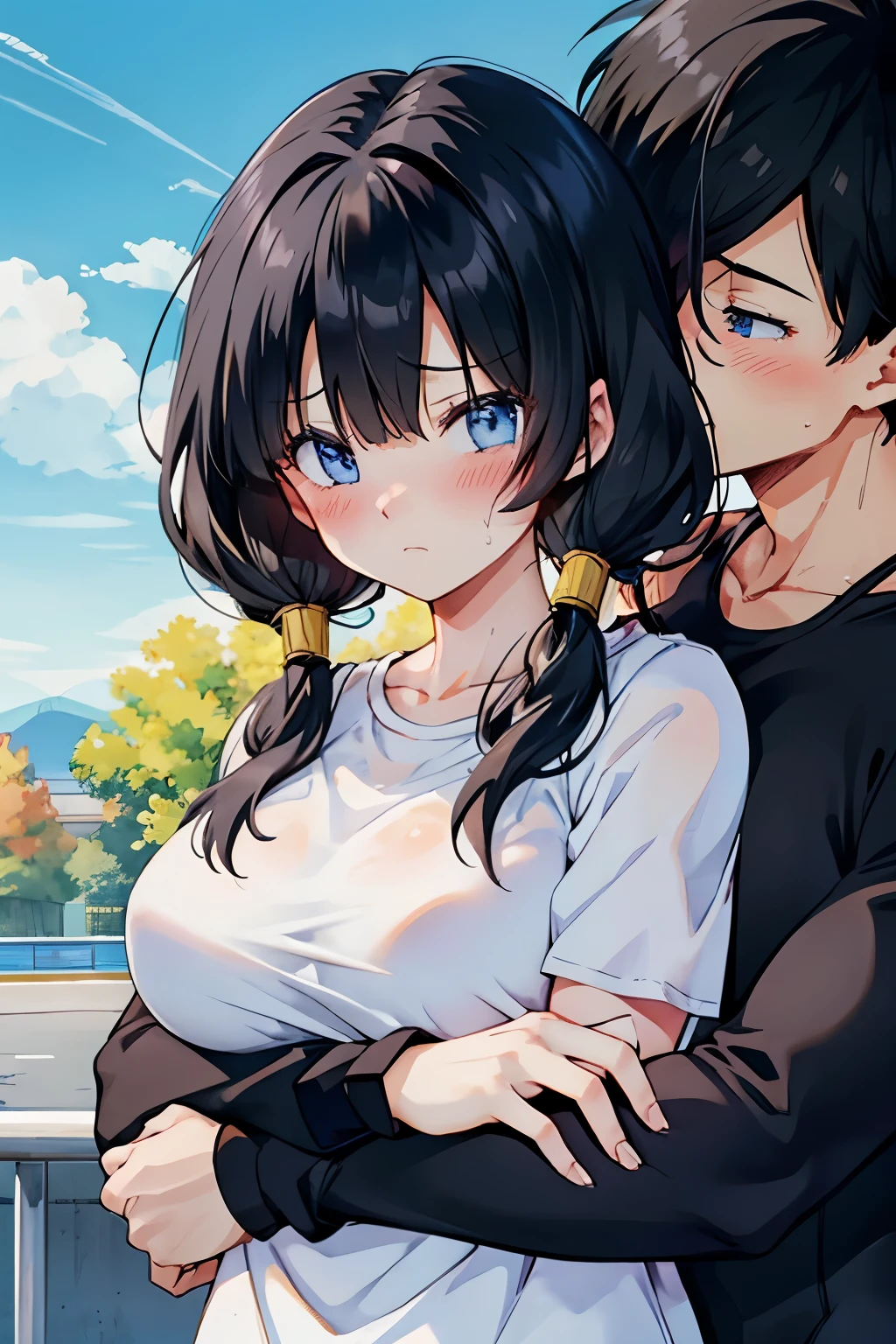hug each other2people,Follow-up force,have your neck licked,sweaty,beautiful girl,saw 2, blue eyes, black hair, Low twintails and short cut, big breasts, frown,blush,Black tight suit, streak,