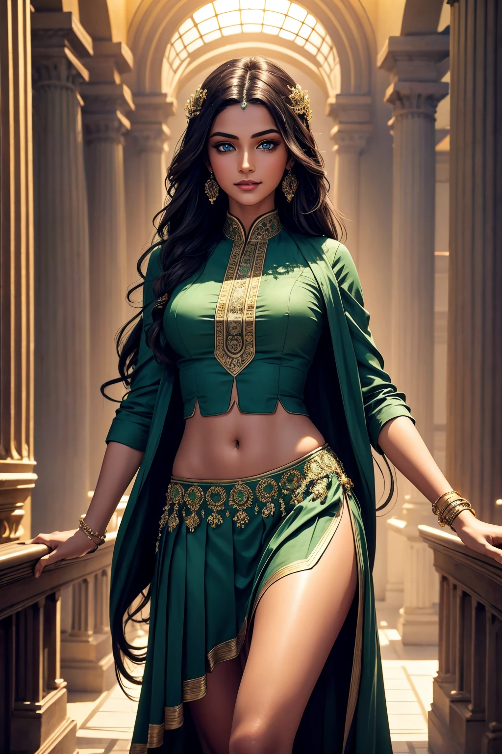 A stunning Indian beauty, with bright green eyes, with dark brown-black long wavy long hair, with mesmerizing feature with a Hopeful smiling expression, finely detailed eyes, happy mood masterpiece, top quality, best quality, official art, beautiful and aesthetic:1.2), (1girl), extreme detailed,(fractal art:1.3), colorful, highest detailed, (masterpiece, best quality:1.3) 1 bright-green-eyed woman, professional digital painting, Unreal Engine 5. In a 1920 setting, holding lavender flowers at a Lavender flower farm, wearing 1930 style clothing, South-Indian woman, olive-skinned woman, masterpiece, top quality, best quality, official art, beautiful and aesthetic:1.2), (1girl), extreme detailed,(fractal art:1.3), colorful, highest detailed, (masterpiece, best quality:1.3) 1 green-eyed woman, professional digital painting, Unreal Engine 5. Wearing embroidered Indian silk linen blouse, Wearing long pleated skirt, Wearing Moleskin Field Jacket. Long hair, hopeful expression, finely detailed eyes, smiling, epic scene, epic composition, Cinematic Lighting, Volumetric Lighting, ethereal light, intricate details, extremely detailed volumetric rays. Green Eyes. [Beautiful girl, linen shirt and pants, oil painting, Detailed facial features, Sunlight, bright colors, dramatic lighting, expressive eyes and lips, High Resolution, 4K quality, Photorealistic] 1920 clothing, 1930 clothing,
