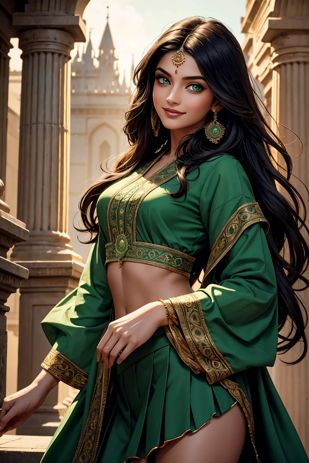 A stunning Indian beauty, with bright green eyes, with dark brown-black long wavy long hair, with mesmerizing feature with a Hopeful smiling expression, finely detailed eyes, happy mood masterpiece, top quality, best quality, official art, beautiful and aesthetic:1.2), (1girl), extreme detailed,(fractal art:1.3), colorful, highest detailed, (masterpiece, best quality:1.3) 1 bright-green-eyed woman, professional digital painting, Unreal Engine 5. In a 1920 setting, holding lavender flowers at a Lavender flower farm, wearing 1930 style clothing, South-Indian woman, olive-skinned woman, masterpiece, top quality, best quality, official art, beautiful and aesthetic:1.2), (1girl), extreme detailed,(fractal art:1.3), colorful, highest detailed, (masterpiece, best quality:1.3) 1 green-eyed woman, professional digital painting, Unreal Engine 5. Wearing embroidered Indian silk linen blouse, Wearing long pleated skirt, Wearing Moleskin Field Jacket. Long hair, hopeful expression, finely detailed eyes, smiling, epic scene, epic composition, Cinematic Lighting, Volumetric Lighting, ethereal light, intricate details, extremely detailed volumetric rays. Green Eyes. [Beautiful girl, linen shirt and pants, oil painting, Detailed facial features, Sunlight, bright colors, dramatic lighting, expressive eyes and lips, High Resolution, 4K quality, Photorealistic] 1920 clothing, 1930 clothing,
