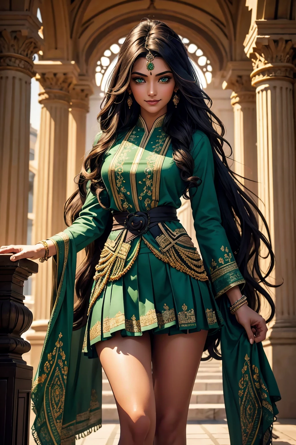 A stunning Indian beauty, with bright green eyes, with dark brown-black long wavy long hair, with mesmerizing feature with a Hopeful smiling expression, finely detailed eyes, happy mood masterpiece, top quality, best quality, official art, beautiful and aesthetic:1.2), (1girl), extreme detailed,(fractal art:1.3), colorful, highest detailed, (masterpiece, best quality:1.3) 1 bright-green-eyed woman, professional digital painting, Unreal Engine 5. In a 1920 setting, holding lavender flowers at a Lavender flower farm, wearing 1930 style clothing, South-Indian woman, olive-skinned woman, masterpiece, top quality, best quality, official art, beautiful and aesthetic:1.2), (1girl), extreme detailed,(fractal art:1.3), colorful, highest detailed, (masterpiece, best quality:1.3) 1 green-eyed woman, professional digital painting, Unreal Engine 5. Wearing embroidered Indian silk linen blouse, Wearing long pleated skirt, Wearing Moleskin Field Jacket. Long hair, hopeful expression, finely detailed eyes, smiling, epic scene, epic composition, Cinematic Lighting, Volumetric Lighting, ethereal light, intricate details, extremely detailed volumetric rays. Green Eyes. [Beautiful girl, linen shirt and pants, oil painting, Detailed facial features, Sunlight, bright colors, dramatic lighting, expressive eyes and lips, High Resolution, 4K quality, Photorealistic] 1920 clothing, 1930 clothing,
