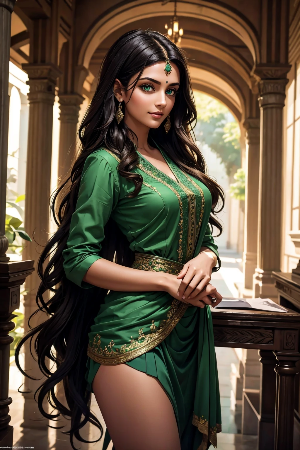 A stunning Indian beauty, with bright green eyes, with dark brown-black long wavy long hair, with mesmerizing feature with a Hopeful smiling expression, finely detailed eyes, happy mood masterpiece, top quality, best quality, official art, beautiful and aesthetic:1.2), (1girl), extreme detailed,(fractal art:1.3), colorful, highest detailed, (masterpiece, best quality:1.3) 1 bright-green-eyed woman, professional digital painting, Unreal Engine 5. In a 1920 setting, holding lavender flowers at a Lavender flower farm, wearing 1930 style clothing, South-Indian woman, olive-skinned woman, masterpiece, top quality, best quality, official art, beautiful and aesthetic:1.2), (1girl), extreme detailed,(fractal art:1.3), colorful, highest detailed, (masterpiece, best quality:1.3) 1 green-eyed woman, professional digital painting, Unreal Engine 5. Wearing embroidered Indian silk linen blouse, Wearing long pleated skirt, Wearing Moleskin Field Jacket. Long hair, hopeful expression, finely detailed eyes, smiling, epic scene, epic composition, Cinematic Lighting, Volumetric Lighting, ethereal light, intricate details, extremely detailed volumetric rays. Green Eyes. [Beautiful girl, linen shirt and pants, oil painting, Detailed facial features, Sunlight, bright colors, dramatic lighting, expressive eyes and lips, High Resolution, 4K quality, Photorealistic] 1920 clothing, 1930 clothing,
