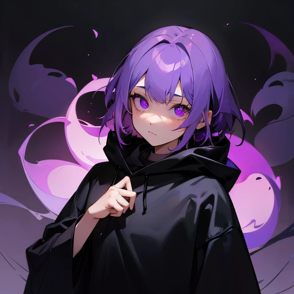 A girl with violet eyes and short faded violet hair, a big black hoodie, forest and darkness, a crow, a ghost leaf on her forehead. 