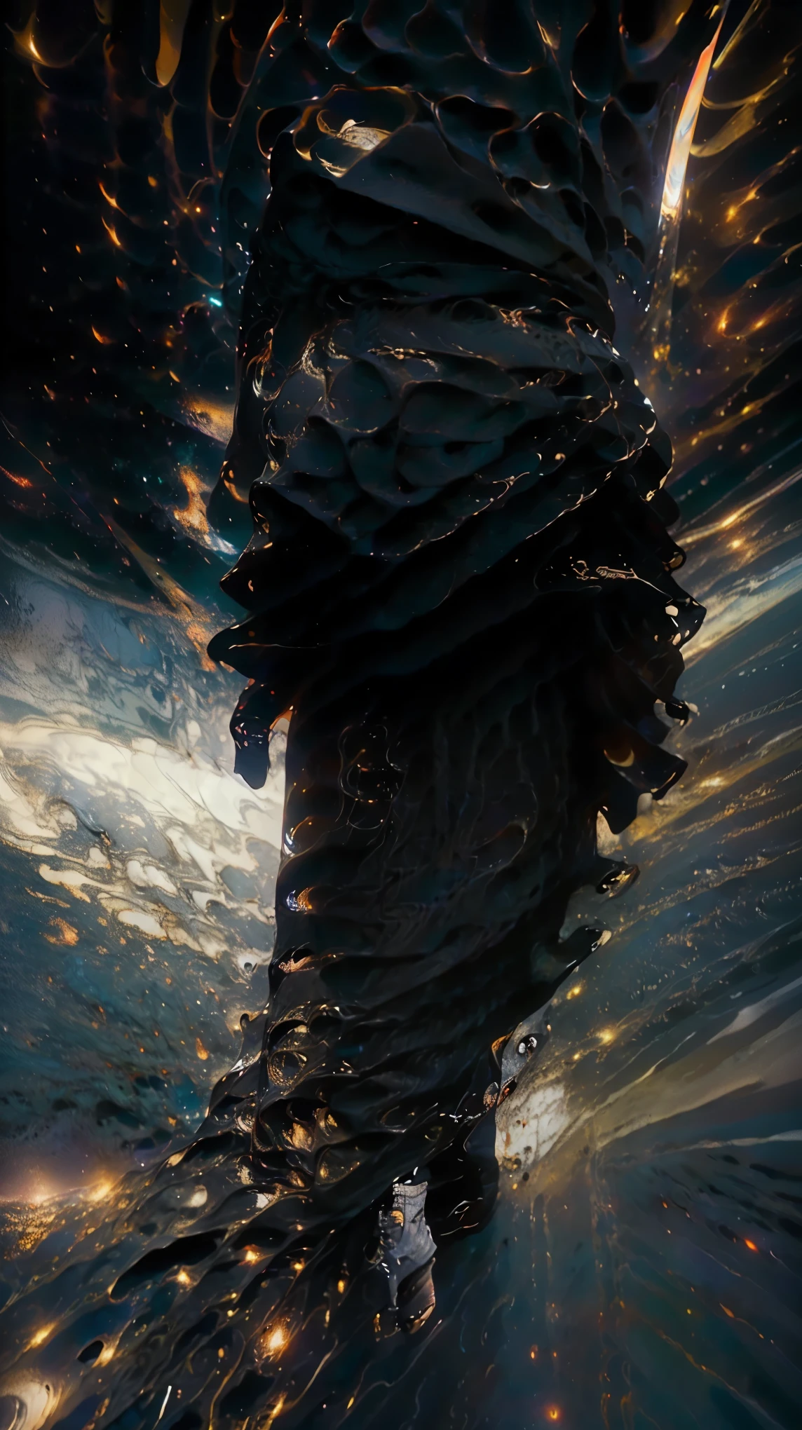 Faz uma imagem com um buraco negro no fundo e meu personagem(bonito pra clh) in the middle using dark power of darkness and the enemies being sucked into the black hole and my character using a dark power creating another black hole but a white hole and then the fdl of a light attack and he falls into space