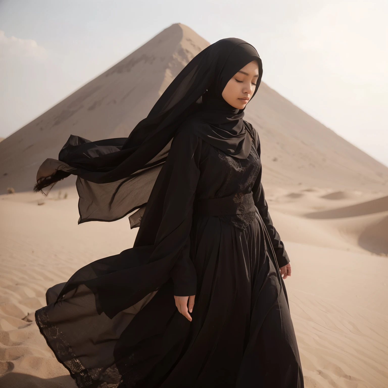 Indonesia girl wear hijab, walking on desert, closed eyes, raw photo, photography, wide angle lense