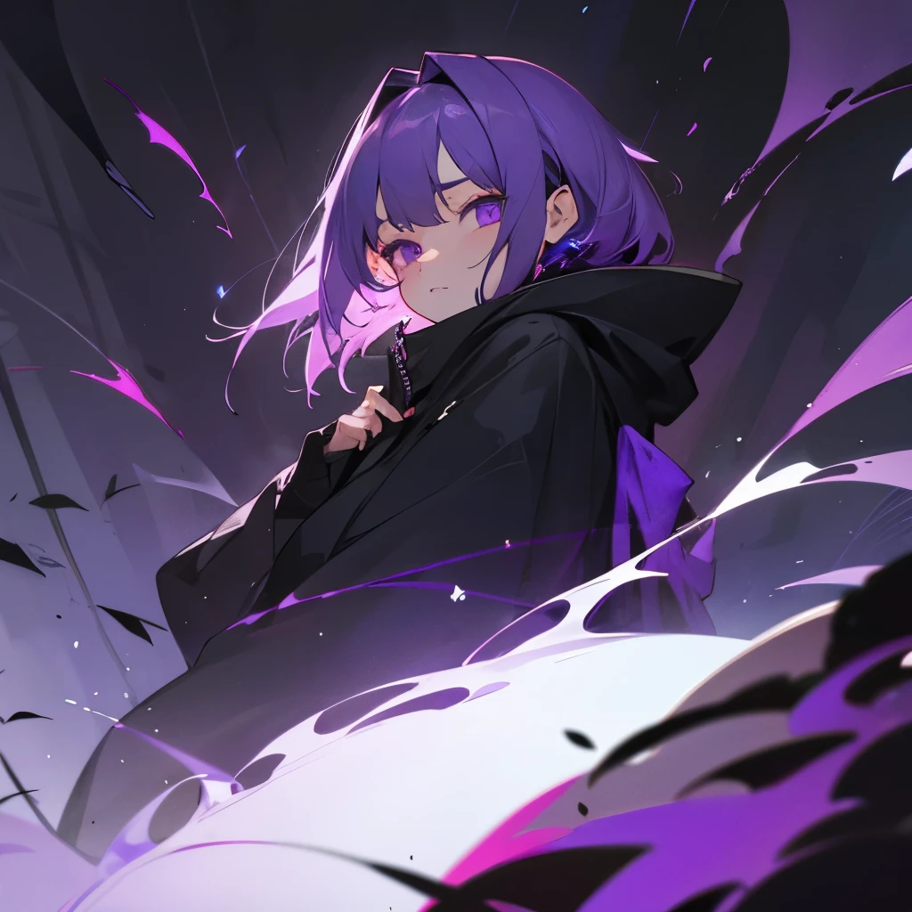 A girl with violet eyes and short faded violet hair, a big black hoodie, forest and darkness, a crow, a ghost leaf on her forehead.