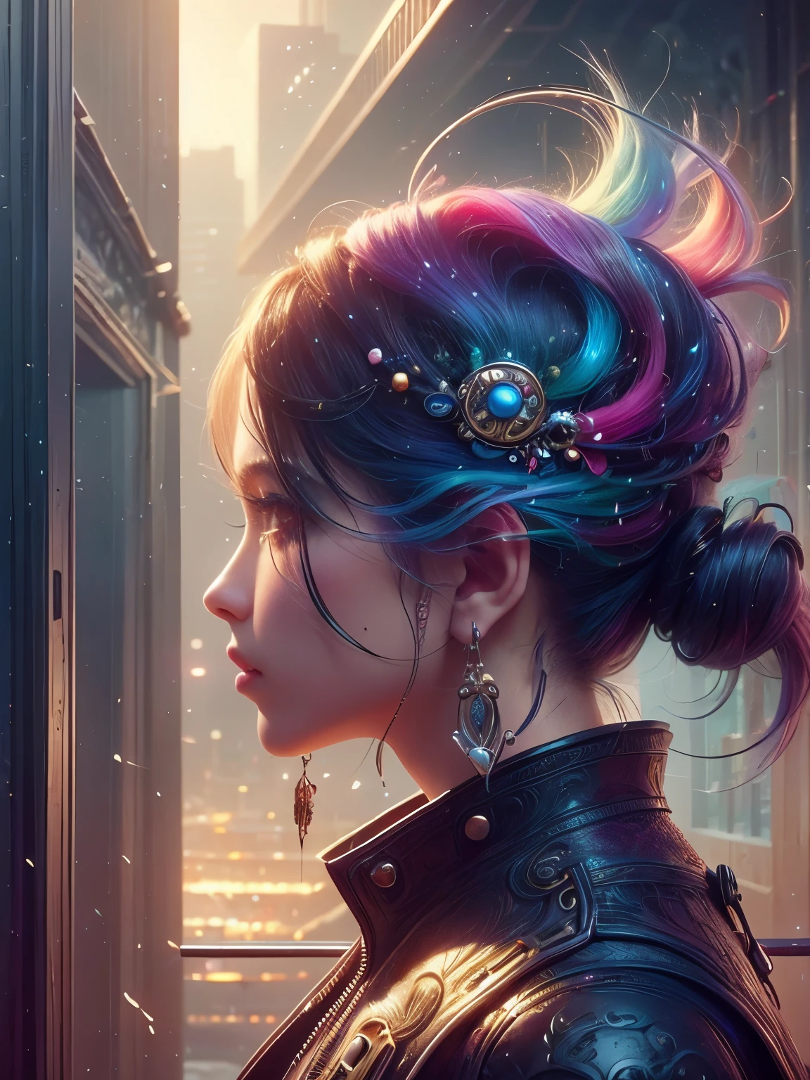 Hyperrealistic portrait of a 18 year old girl with intense gaze, intricate facial tattoos, colorful hair, and vibrant lighting. Set against a dystopian cityscape background, reminiscent of cyberpunk art. Masterpiece digital artwork by Greg Rutkowsky and Hayao Miyazaki.