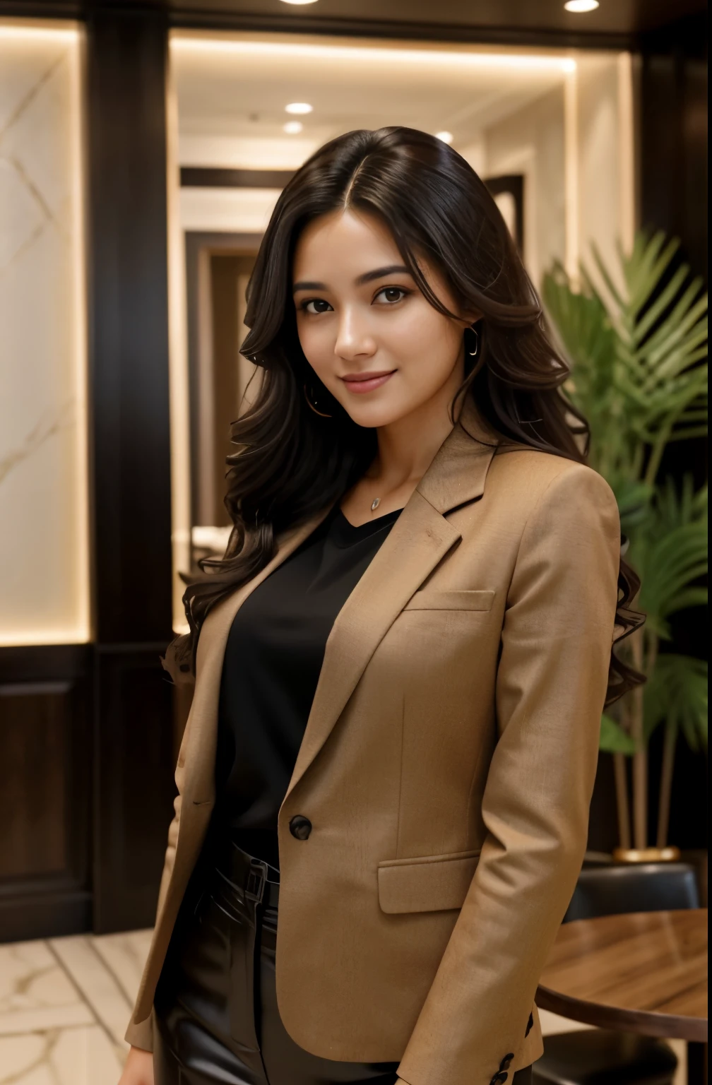 1 adult female, long hair, curly hair, black hair color, smooth skin, brown eyes, To smile, vegetation, hour々, business woman style clothes, light brown blazer, realist, With luxury restaurant background, 8k super realist, super detalhado e realist