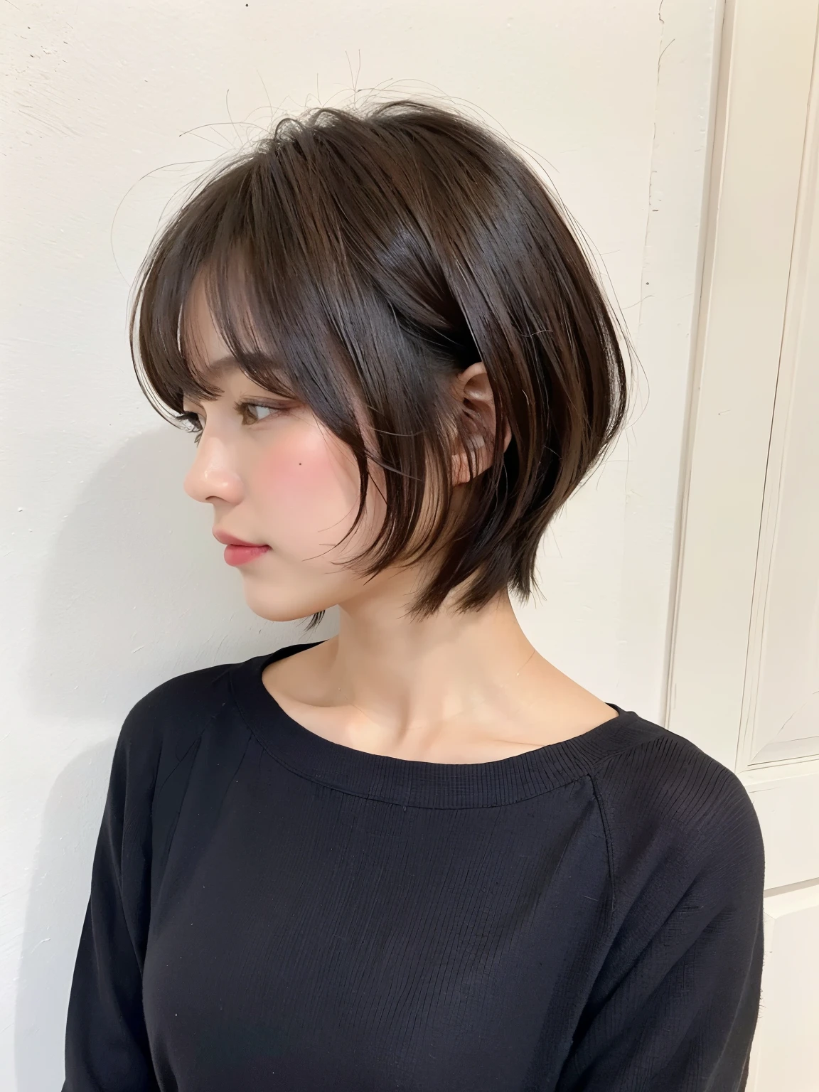 white wall、Taken in front of the white door、(窓のあるwhite wallの部屋)、shot in natural light、Highly detailed face and skin texture、highly detailed lips、correct state of the human body、超A high resolution、(Photoreal:1.4)、top quality, 1 beautiful woman, 28 years old, s, 35mm lens、Black long sleeve dress、(dark brown medium short hair)、black haired、Japanese woman with short cut、(dark brown hair)、Various poses、don&#39;t look at the camera、profile、natural color lip、spring clothes、 necklace