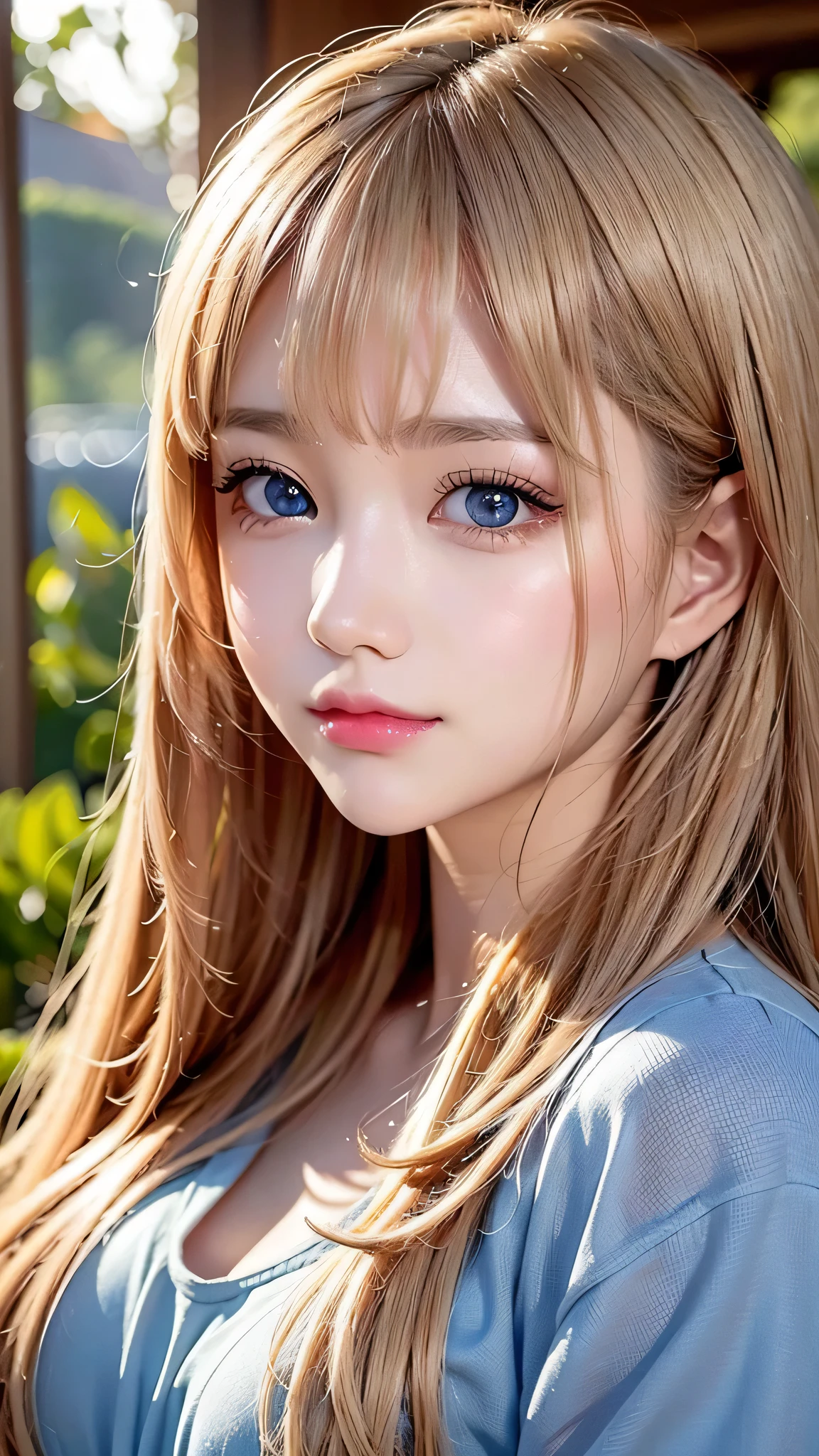 Beautiful white and shining skin、Blonde hair color that changes depending on the light、Long bangs between the eyes that obstruct the view、Shiny highlights on cheeks、Sexy and very beautiful nice and cute gorgeous face、the most beautiful face in the world、Super long gorgeous spare blonde hair、Smooth straight hair、big breasts、big, bright light blue eyes、beautiful bangs、Beautiful and cute girl、small face beauty、Cheek gloss highlights