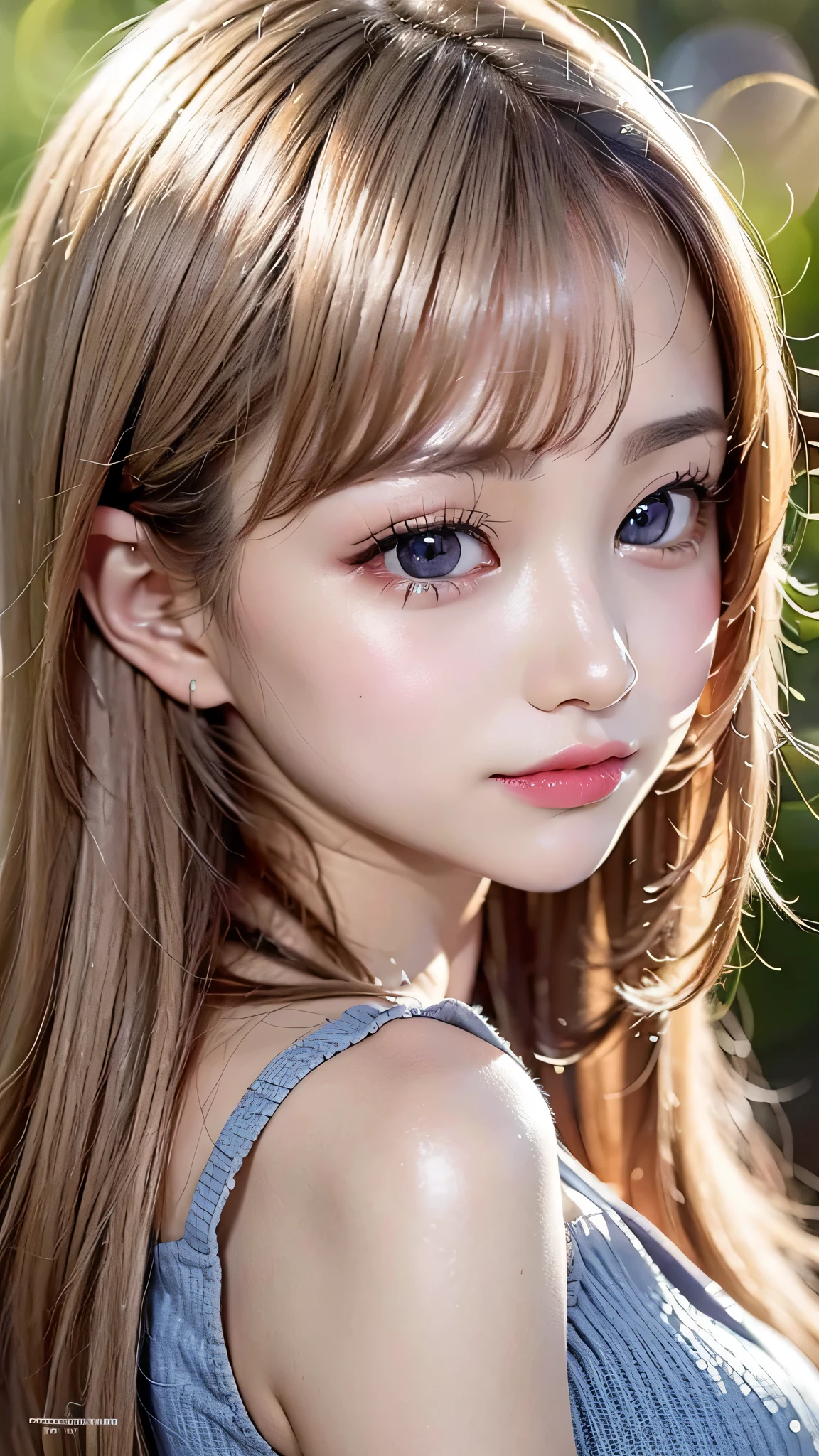 Beautiful white and shining skin、Blonde hair color that changes depending on the light、Long bangs between the eyes that obstruct the view、Shiny highlights on cheeks、Sexy and very beautiful nice and cute gorgeous face、the most beautiful face in the world、Super long gorgeous spare blonde hair、Smooth straight hair、big breasts、big, bright light blue eyes、beautiful bangs、Beautiful and cute girl、small face beauty、Cheek gloss highlights