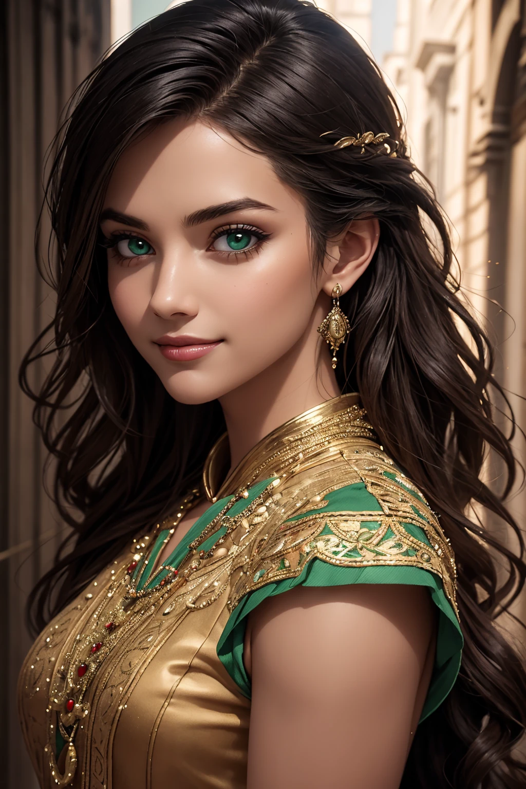 A stunning Indian beauty, with bright green eyes, with dark brown-black long wavy long hair, with mesmerizing feature with a Hopeful smiling expression, finely detailed eyes, happy mood masterpiece, top quality, best quality, official art, beautiful and aesthetic:1.2), (1girl), extreme detailed,(fractal art:1.3), colorful, highest detailed, (masterpiece, best quality:1.3) 1 bright-green-eyed woman, professional digital painting, Unreal Engine 5. In a 1920 setting, holding lavender flowers at a Lavender flower farm, wearing 1930 style clothing, South-Indian woman, olive-skinned woman, masterpiece, top quality, best quality, official art, beautiful and aesthetic:1.2), (1girl), extreme detailed,(fractal art:1.3), colorful, highest detailed, (masterpiece, best quality:1.3) 1 green-eyed woman, professional digital painting, Unreal Engine 5. Wearing embroidered Indian silk linen blouse, Wearing long pleated skirt, Wearing Moleskin Field Jacket. Long hair, hopeful expression, finely detailed eyes, smiling, epic scene, epic composition, Cinematic Lighting, Volumetric Lighting, ethereal light, intricate details, extremely detailed volumetric rays. Green Eyes. [Beautiful girl, linen shirt and pants, oil painting, Detailed facial features, Sunlight, bright colors, dramatic lighting, expressive eyes and lips, High Resolution, 4K quality, Photorealistic] 1920 clothing, 1930 clothing,
