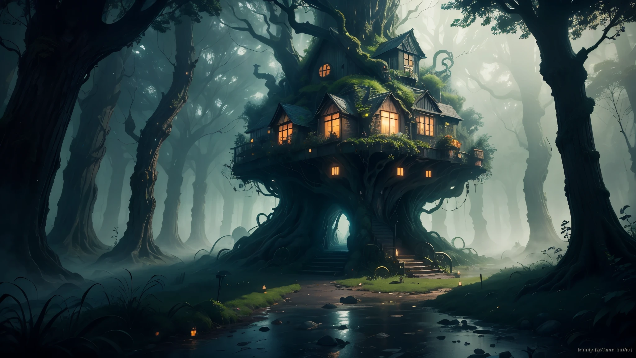 An ancient town in a TentacleHorrorAI style, reminiscent of scenes from the movie "My Neighbor Totoro." The town is filled with whimsical and mysterious elements. The buildings are made of dark, weathered stone and covered in moss and vines. The narrow cobblestone streets wind through the town, leading to hidden alleyways and nooks. Lanterns line the streets, casting an eerie glow. The town square is bustling with activity, and in the center stands a grand, ancient tree with gnarled branches and vibrant foliage. Approaching the town is a misty forest, where the trees are shrouded in thick fog and take on eerie shapes. In the town, lurking in the shadows, are mysterious tentacled creatures, their long, slimy appendages coiling around the corners of buildings and reaching out towards unsuspecting passersby. The overall color scheme of the scene is dark and moody, with hints of deep greens, purples, and blues. The lighting is dim, casting long, haunting shadows across the town. This prompt aims to create a mesmerizing and slightly unsettling atmosphere. (best quality,ultra-detailed,realistic,horror,anime,misty,low-light,moody colors,haunting shadows,foggy atmosphere,Eldritch creatures:darker tentacles)