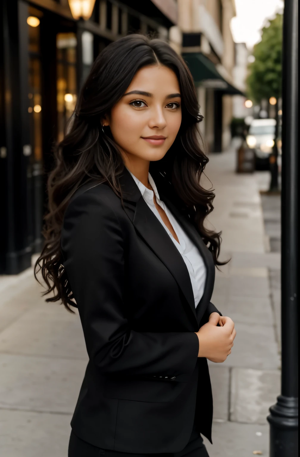 1 adult female, long hair, curly hair, black hair color, smooth skin, brown eyes, To smile, vegetation, hour々, business woman style clothes, random blazer, realist, With luxury restaurant background, 8k super realist, super detalhado e realist、front