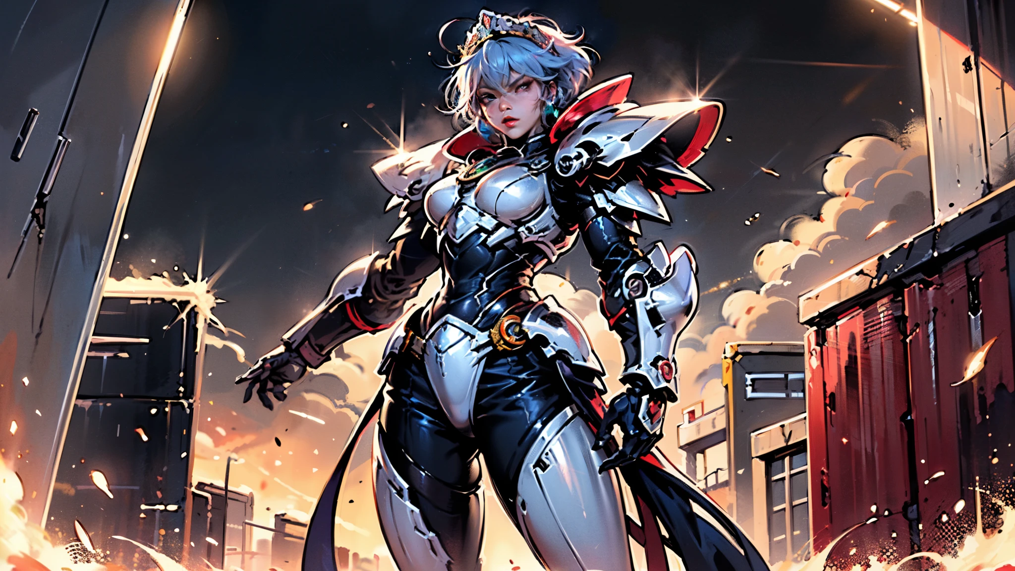 A woman adorned in fantasy-style full-body armor, a crown-concept fully enclosed helmet that unveils only her eyes, a composite layered chest plate, fully encompassing shoulder and hand guards, a lightweight waist armor, form-fitting shin guards, the overall design is heavy-duty yet flexible, ((the armor gleams with a golden glow, complemented by red and blue accents)), exhibiting a noble aura, she floats above a fantasy-surreal high-tech city, this character embodies a finely crafted fantasy-surreal style armored hero in anime style, exquisite and mature manga art style, (Queen bee mixed with Spider concept Armor, plasma, blood), ((Element, energy, elegant, goddess, femminine:1.5)), metallic, high definition, best quality, highres, ultra-detailed, ultra-fine painting, extremely delicate, professional, anatomically correct, symmetrical face, extremely detailed eyes and face, high quality eyes, creativity, RAW photo, UHD, 32k, Natural light, cinematic lighting, masterpiece-anatomy-perfect, masterpiece:1.5