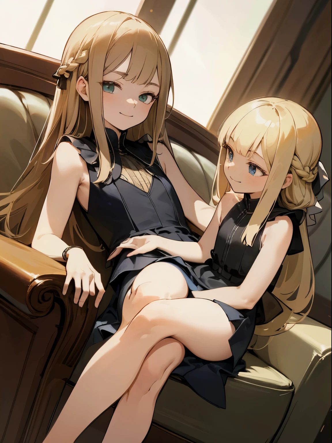 Reines, 1girl, high quality, best quality, illustration, masterpiece, (highly detailed:1.2), (extremely detailed:1.3), flat chest, sleeveless, backless, young girl, mini skirt, braid, (children:1.2), slender thighs, , in a house, sitting on chair, smiling