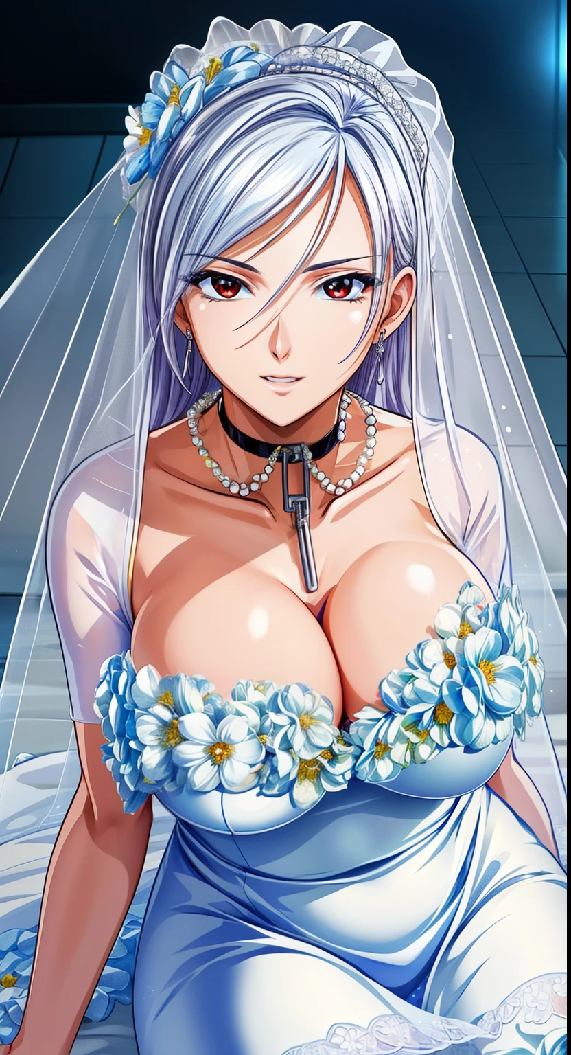 red eyes, (highest quality, masterpiece絵画:1.3), mature woman, 26 years old, whole body,to the toes,looking at the camera, look at top left, masterpiece, ultra high resolution, (Photoreal:1.0), bright white hair,straight hair, beautiful shining hair, white and shining skin, ((Ultra realistic details)), octane rendering, highly detailed face, bouquet in both hands, (big breasts:1.0),(gorgeous white wedding dress,white Wedding veil,diamond necklace,delicate decoration:1.2), open neckline, cleavage, perfect body, soft skin, anime face, perfect face, perfect eyes, looking at the viewer, smart, (pure white background:1.0), Lots of flowers at my feet, outdoors,sharp focus, intricate details, professional artwork, (bright colors:1.1), bright colors, diffused lighting, digital blending, ultra-definition body, ultra detail hair, super detailed face, It's trending on pixiv,perfect lips, perfect compensate, Ultra-precision coating, (light_smile:0.8), (Very embarrassed:1.2),A glossy look,