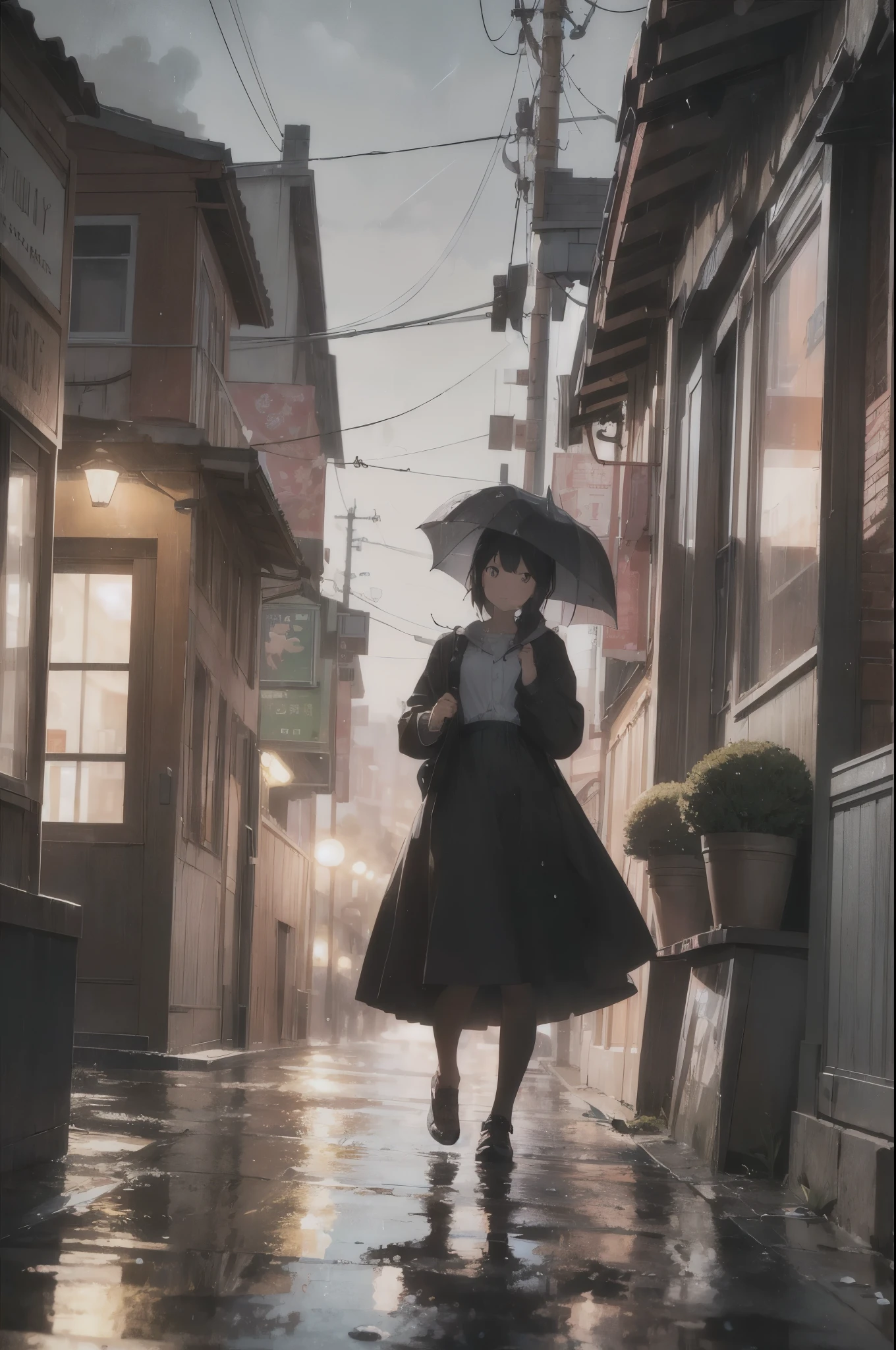 through the window, I watch the gentle dance of the rain on the street, a delicate spectacle that transforms the asphalt into a liquid mirror. On the sidewalks, small puddles reflect the shy light of the streetlights, creating a serene and cozy setting.
The flower pots scattered along the sidewalks display their bright colors, contrasting with the gray tone of the rainy sky. Water drops adorn the petals, transforming each flower into a temporary work of art.