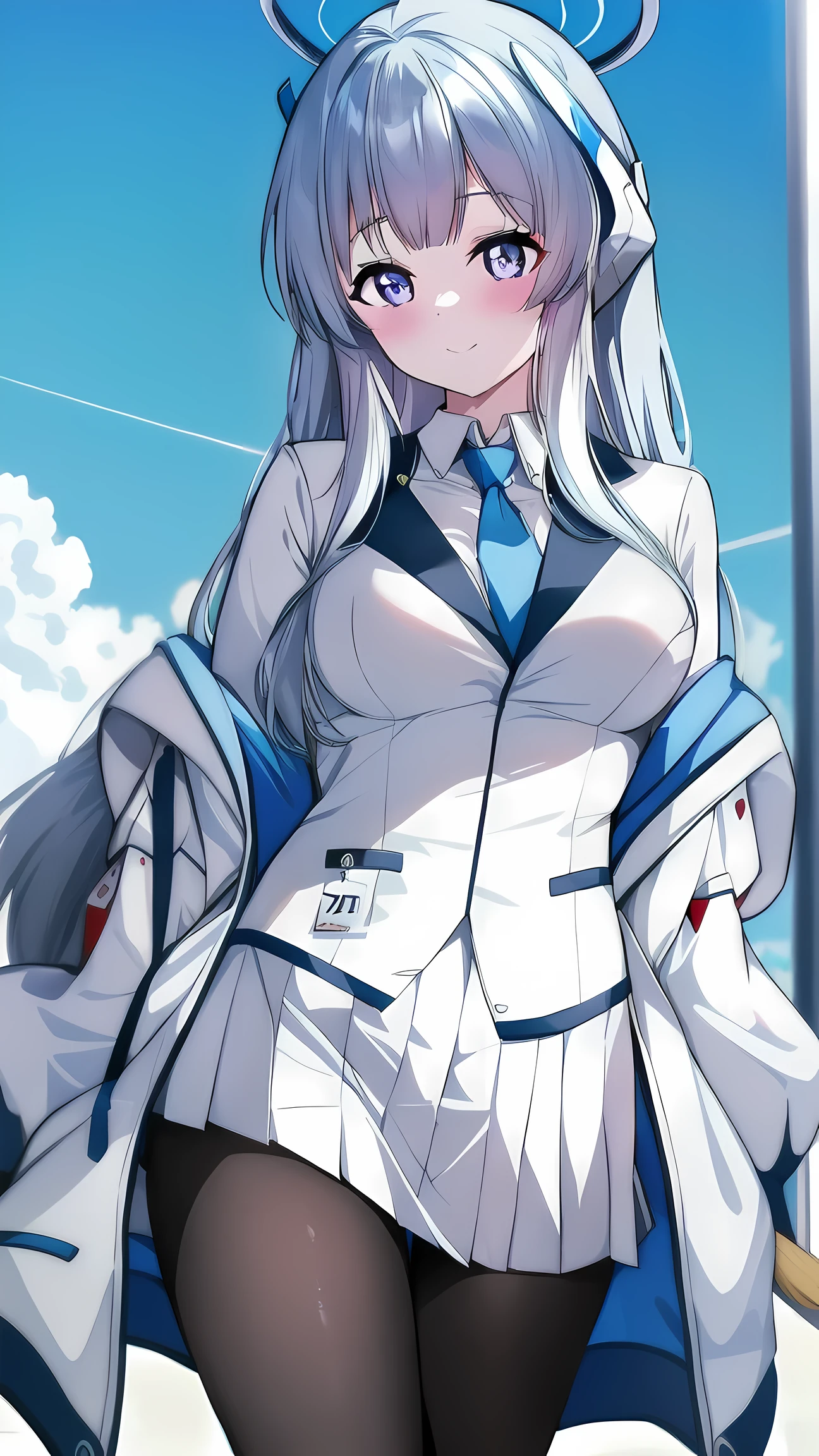 (A superb exquisite ushio noa), 8k, ultra high resolution, (masterpiece:1.2), (highest quality, Beautiful detailed eyes), very delicate, alone, true light and shadow, Are standing, natural movement, break (blue tie, white shirt, off shoulder, white jacket, open jacket, long sleeve, white skirt, pleated skirt, black pantyhose), mechanical harrow, outdoors,