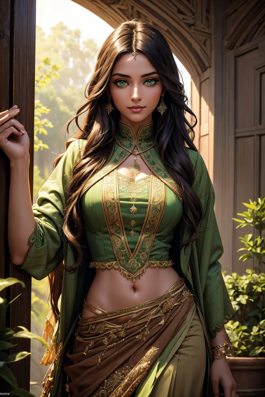 A stunning Indian beauty, with bright green eyes, with dark brown-black long wavy long hair, with mesmerizing feature with a Hopeful smiling expression, finely detailed eyes, happy mood masterpiece, top quality, best quality, official art, beautiful and aesthetic:1.2), (1girl), extreme detailed,(fractal art:1.3), colorful, highest detailed, (masterpiece, best quality:1.3) 1 bright-green-eyed woman, professional digital painting, Unreal Engine 5. In a 1920 setting, holding lavender flowers at a Lavender flower farm, wearing 1930 style clothing, South-Indian woman, olive-skinned woman, masterpiece, top quality, best quality, official art, beautiful and aesthetic:1.2), (1girl), extreme detailed,(fractal art:1.3), colorful, highest detailed, (masterpiece, best quality:1.3) 1 green-eyed woman, professional digital painting, Unreal Engine 5. Wearing embroidered Indian silk linen blouse, Wearing long pleated skirt, Wearing Moleskin Field Jacket. Long hair, hopeful expression, finely detailed eyes, smiling, epic scene, epic composition, Cinematic Lighting, Volumetric Lighting, ethereal light, intricate details, extremely detailed volumetric rays. Green Eyes. [Beautiful girl, linen shirt and pants, oil painting, Detailed facial features, Sunlight, bright colors, dramatic lighting, expressive eyes and lips, High Resolution, 4K quality, Photorealistic] 1920 clothing, 1930 clothing,
