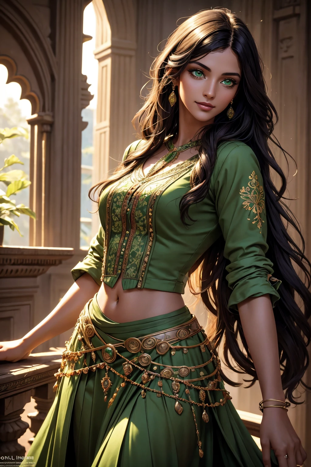 A stunning Indian beauty, with bright green eyes, with dark brown-black long wavy long hair, with mesmerizing feature with a Hopeful smiling expression, finely detailed eyes, happy mood masterpiece, top quality, best quality, official art, beautiful and aesthetic:1.2), (1girl), extreme detailed,(fractal art:1.3), colorful, highest detailed, (masterpiece, best quality:1.3) 1 bright-green-eyed woman, professional digital painting, Unreal Engine 5. In a 1920 setting, holding lavender flowers at a Lavender flower farm, wearing 1930 style clothing, South-Indian woman, olive-skinned woman, masterpiece, top quality, best quality, official art, beautiful and aesthetic:1.2), (1girl), extreme detailed,(fractal art:1.3), colorful, highest detailed, (masterpiece, best quality:1.3) 1 green-eyed woman, professional digital painting, Unreal Engine 5. Wearing embroidered Indian silk linen blouse, Wearing long pleated skirt, Wearing Moleskin Field Jacket. Long hair, hopeful expression, finely detailed eyes, smiling, epic scene, epic composition, Cinematic Lighting, Volumetric Lighting, ethereal light, intricate details, extremely detailed volumetric rays. Green Eyes. [Beautiful girl, linen shirt and pants, oil painting, Detailed facial features, Sunlight, bright colors, dramatic lighting, expressive eyes and lips, High Resolution, 4K quality, Photorealistic] 1920 clothing, 1930 clothing,
