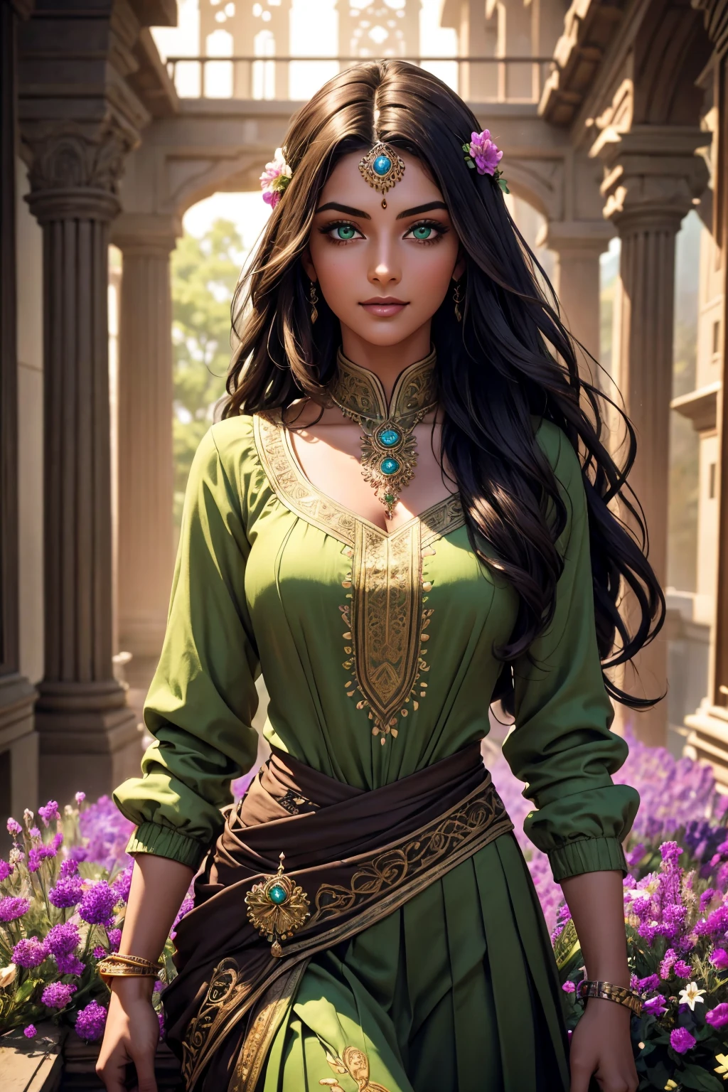 A stunning Indian beauty, with dark brown-black long wavy long hair, with mesmerizing feature with a Hopeful smiling expression, finely detailed eyes, happy mood masterpiece, top quality, best quality, official art, beautiful and aesthetic:1.2), (1girl), extreme detailed,(fractal art:1.3), colorful, highest detailed, (masterpiece, best quality:1.3) 1 bright-green-eyed woman, professional digital painting, Unreal Engine 5. In a 1920 setting, holding lavender flowers at a Lavender flower farm, wearing 1930 style clothing, South-Indian woman, olive-skinned woman, masterpiece, top quality, best quality, official art, beautiful and aesthetic:1.2), (1girl), extreme detailed,(fractal art:1.3), colorful, highest detailed, (masterpiece, best quality:1.3) 1 green-eyed woman, professional digital painting, Unreal Engine 5. Wearing embroidered Indian silk linen blouse, Wearing long pleated skirt, Wearing Moleskin Field Jacket. Long hair, hopeful expression, finely detailed eyes, smiling, epic scene, epic composition, Cinematic Lighting, Volumetric Lighting, ethereal light, intricate details, extremely detailed volumetric rays. Green Eyes. [Beautiful girl, linen shirt and pants, oil painting, Detailed facial features, Sunlight, bright colors, dramatic lighting, expressive eyes and lips, High Resolution, 4K quality, Photorealistic] 1920 clothing, 1930 clothing,
