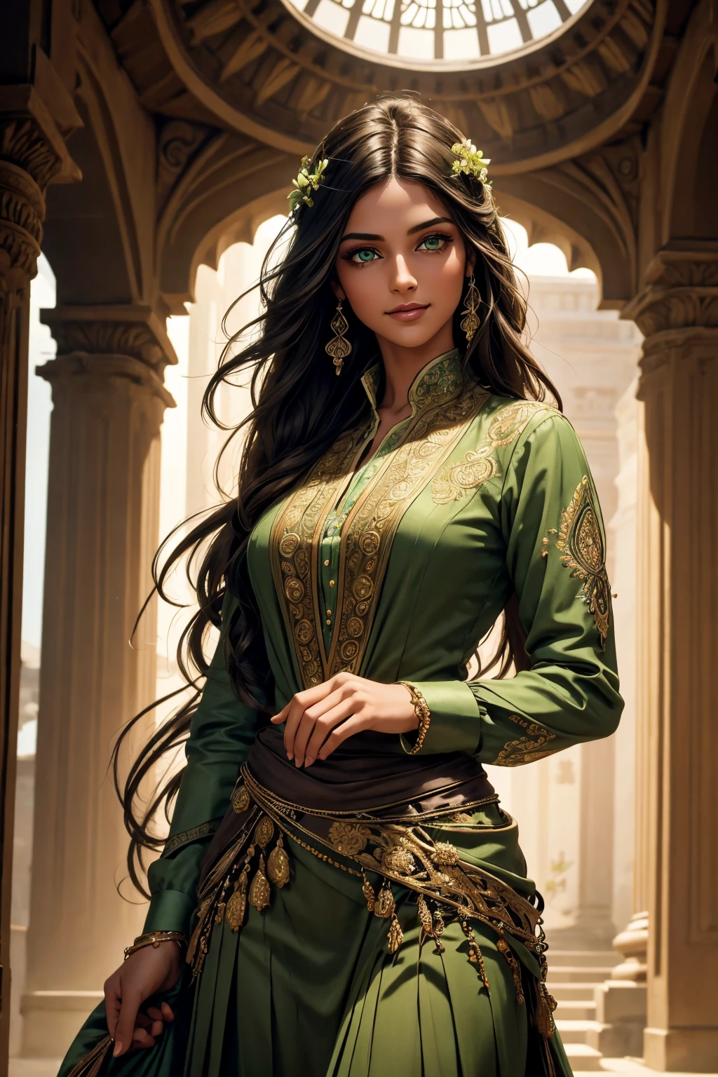 A stunning Indian beauty, with dark brown-black long wavy long hair, with mesmerizing feature with a Hopeful smiling expression, finely detailed eyes, happy mood masterpiece, top quality, best quality, official art, beautiful and aesthetic:1.2), (1girl), extreme detailed,(fractal art:1.3), colorful, highest detailed, (masterpiece, best quality:1.3) 1 bright-green-eyed woman, professional digital painting, Unreal Engine 5. In a 1920 setting, holding lavender flowers at a Lavender flower farm, wearing 1930 style clothing, South-Indian woman, olive-skinned woman, masterpiece, top quality, best quality, official art, beautiful and aesthetic:1.2), (1girl), extreme detailed,(fractal art:1.3), colorful, highest detailed, (masterpiece, best quality:1.3) 1 green-eyed woman, professional digital painting, Unreal Engine 5. Wearing embroidered Indian silk linen blouse, Wearing long pleated skirt, Wearing Moleskin Field Jacket. Long hair, hopeful expression, finely detailed eyes, smiling, epic scene, epic composition, Cinematic Lighting, Volumetric Lighting, ethereal light, intricate details, extremely detailed volumetric rays. Green Eyes. [Beautiful girl, linen shirt and pants, oil painting, Detailed facial features, Sunlight, bright colors, dramatic lighting, expressive eyes and lips, High Resolution, 4K quality, Photorealistic] 1920 clothing, 1930 clothing,
